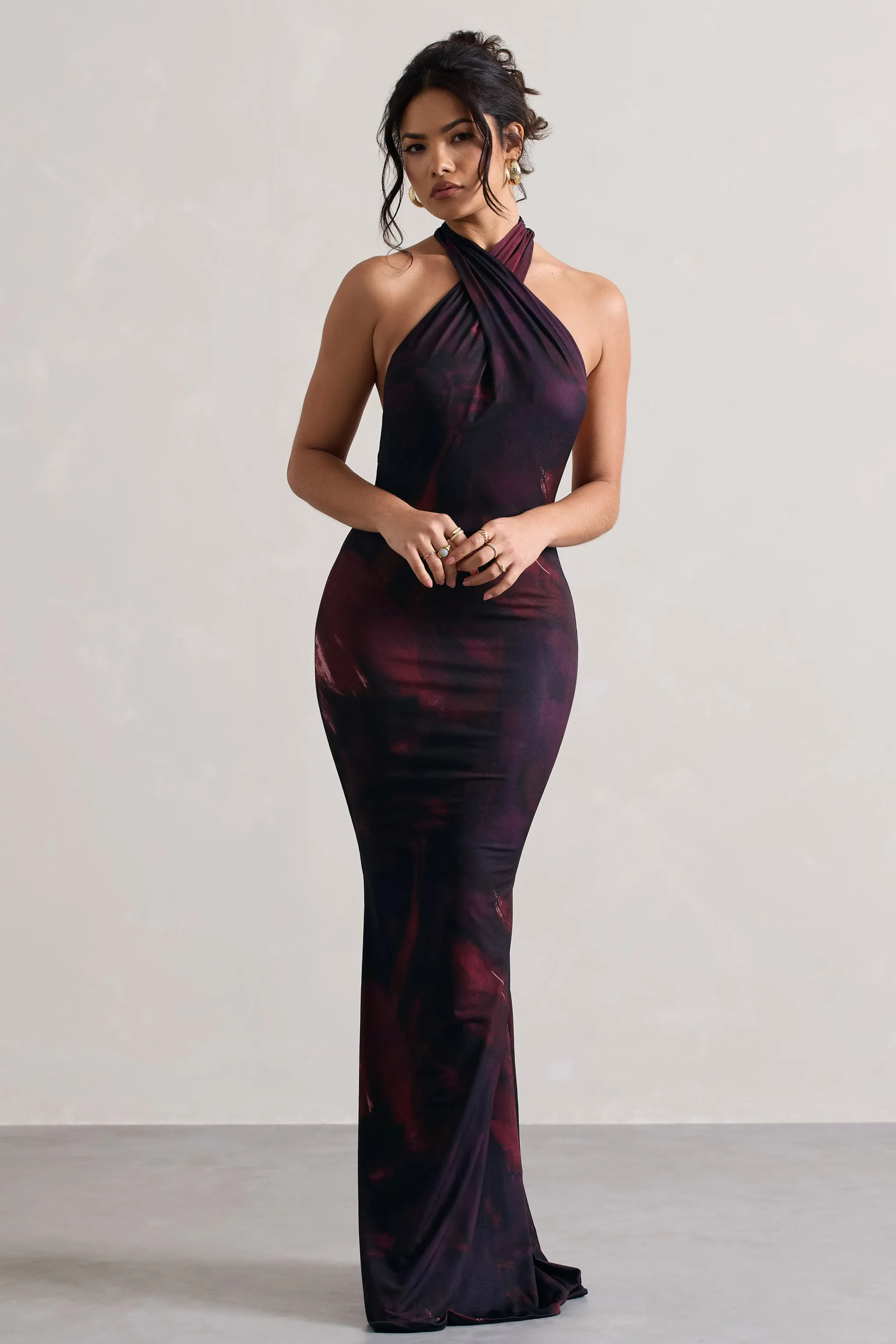 Invincible | Plum Print Cross Over Halter-Neck Open-Back Maxi Dress sold by Club L London product image thumbnail 4