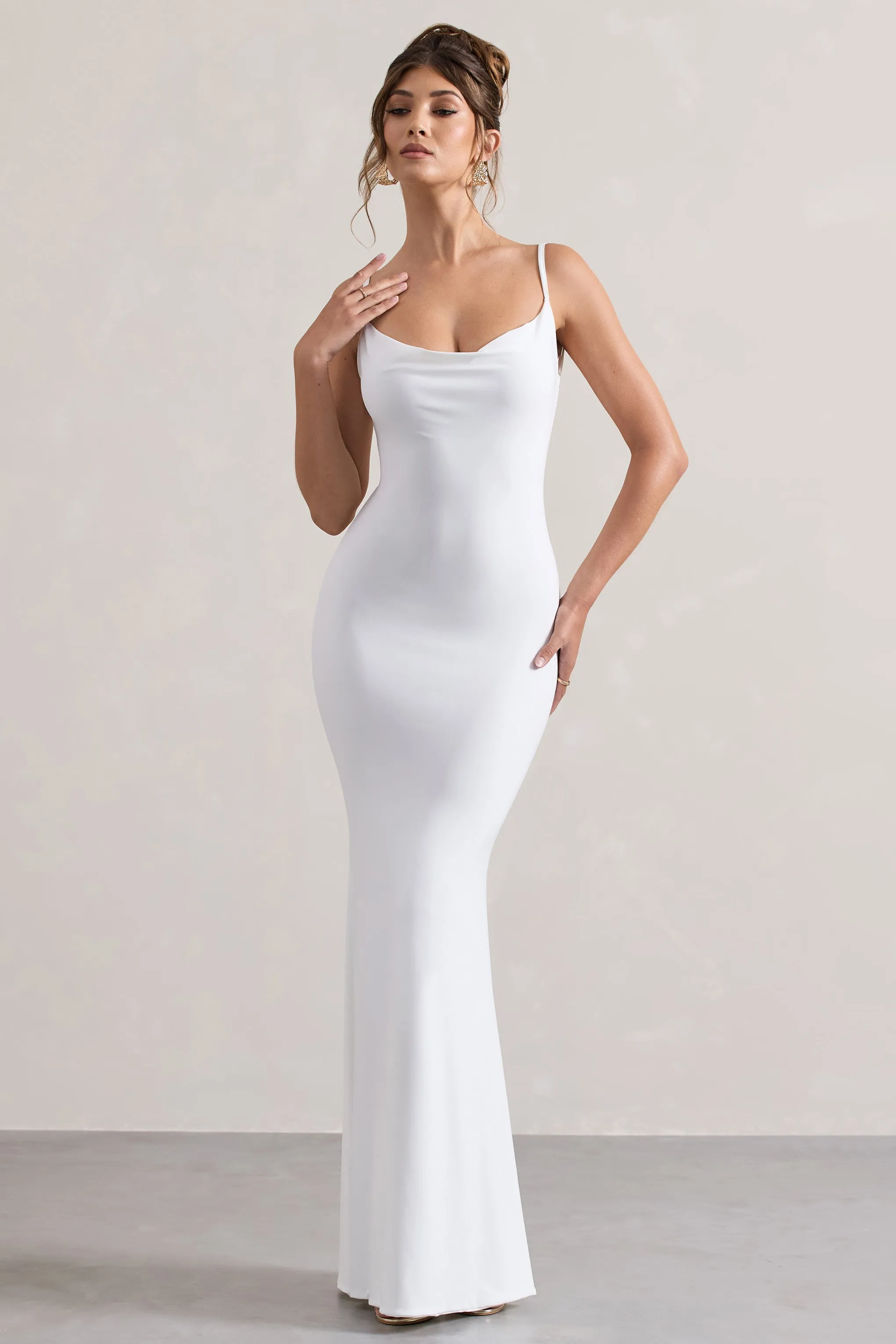 Francoise | White Cowl Neck Backless Maxi Dress With Lace Insert sold by Club L London product image thumbnail 2