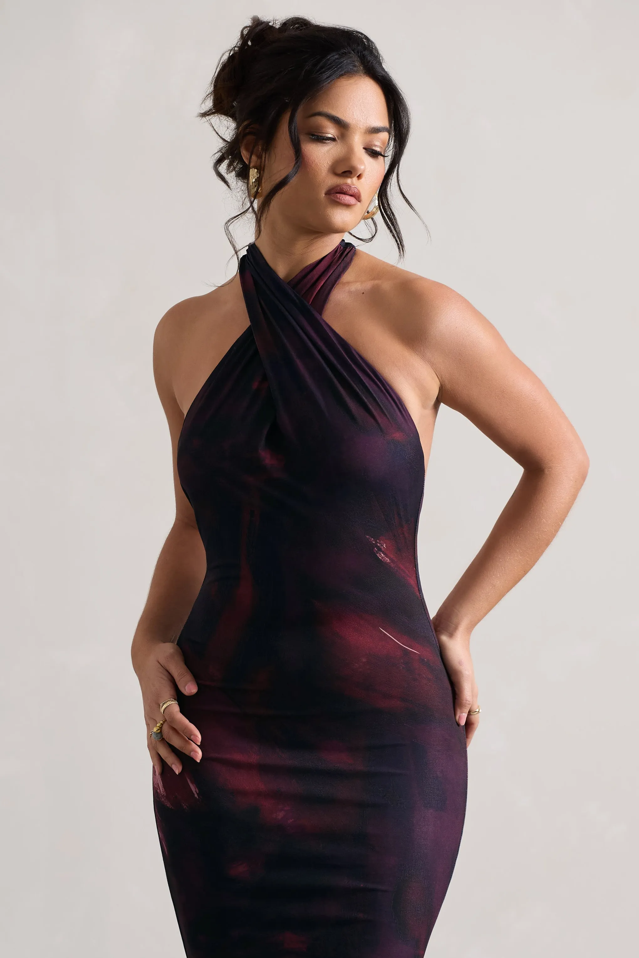 Invincible | Plum Print Cross Over Halter-Neck Open-Back Maxi Dress sold by Club L London product image thumbnail 2