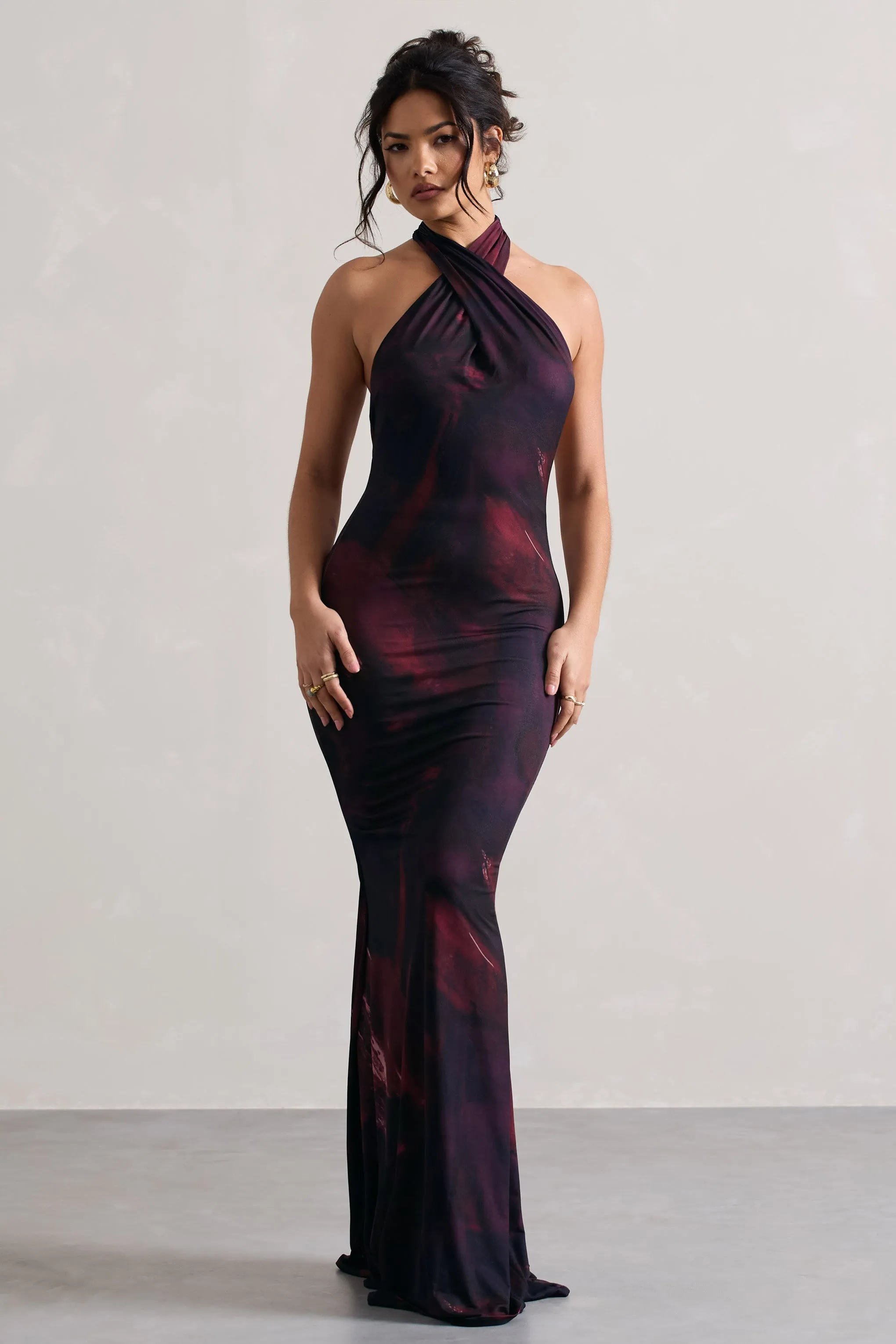 Invincible | Plum Print Cross Over Halter-Neck Open-Back Maxi Dress sold by Club L London
