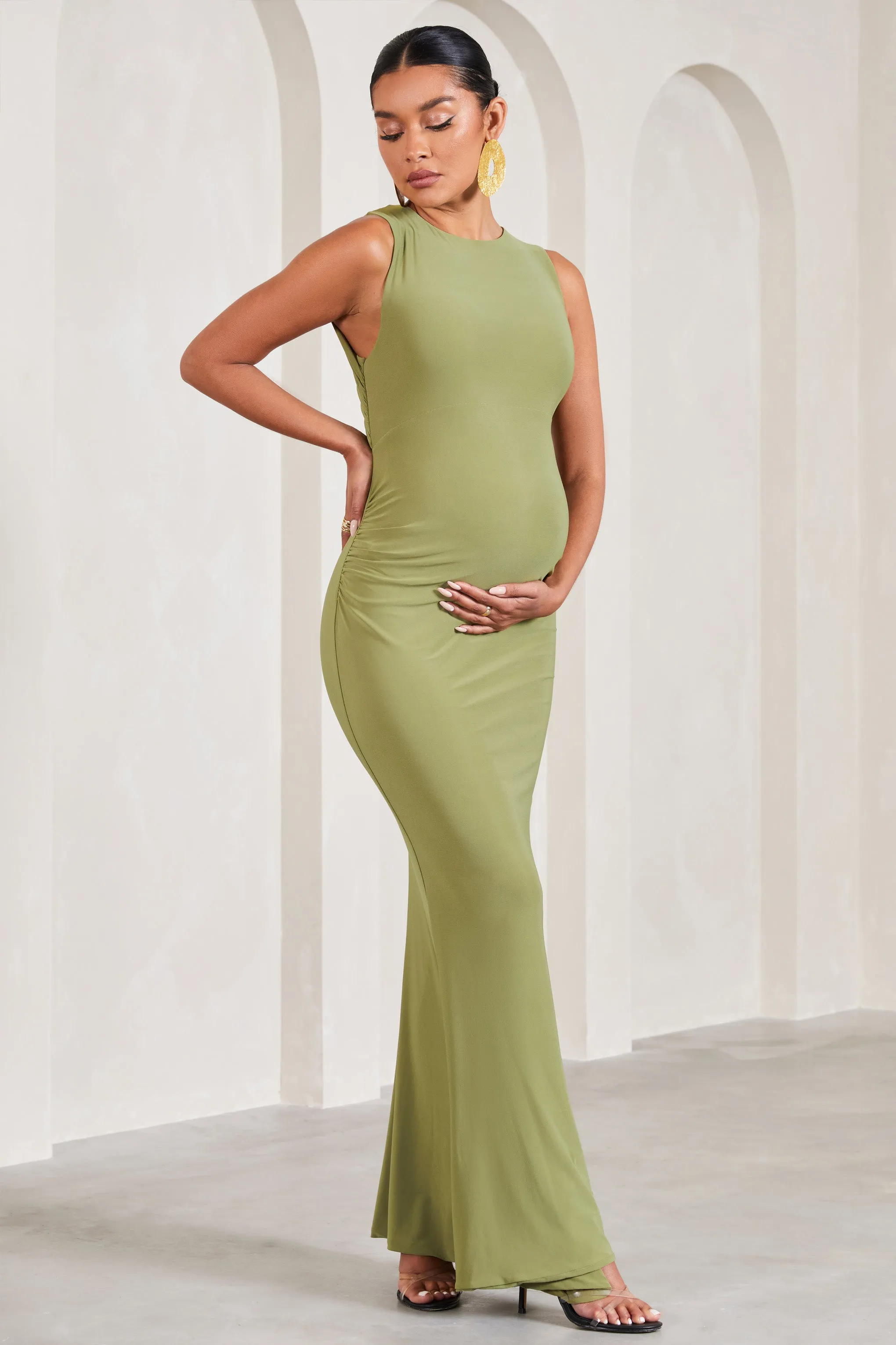 Riley | Olive Ruched Sleeveless Open-Back Maternity Maxi Dress sold by Club L London product image thumbnail 3