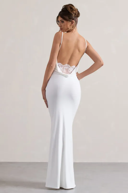 Francoise | White Cowl Neck Backless Maxi Dress With Lace Insert sold by Club L London