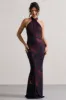 Invincible | Plum Print Cross Over Halter-Neck Open-Back Maxi Dress sold by Club L London