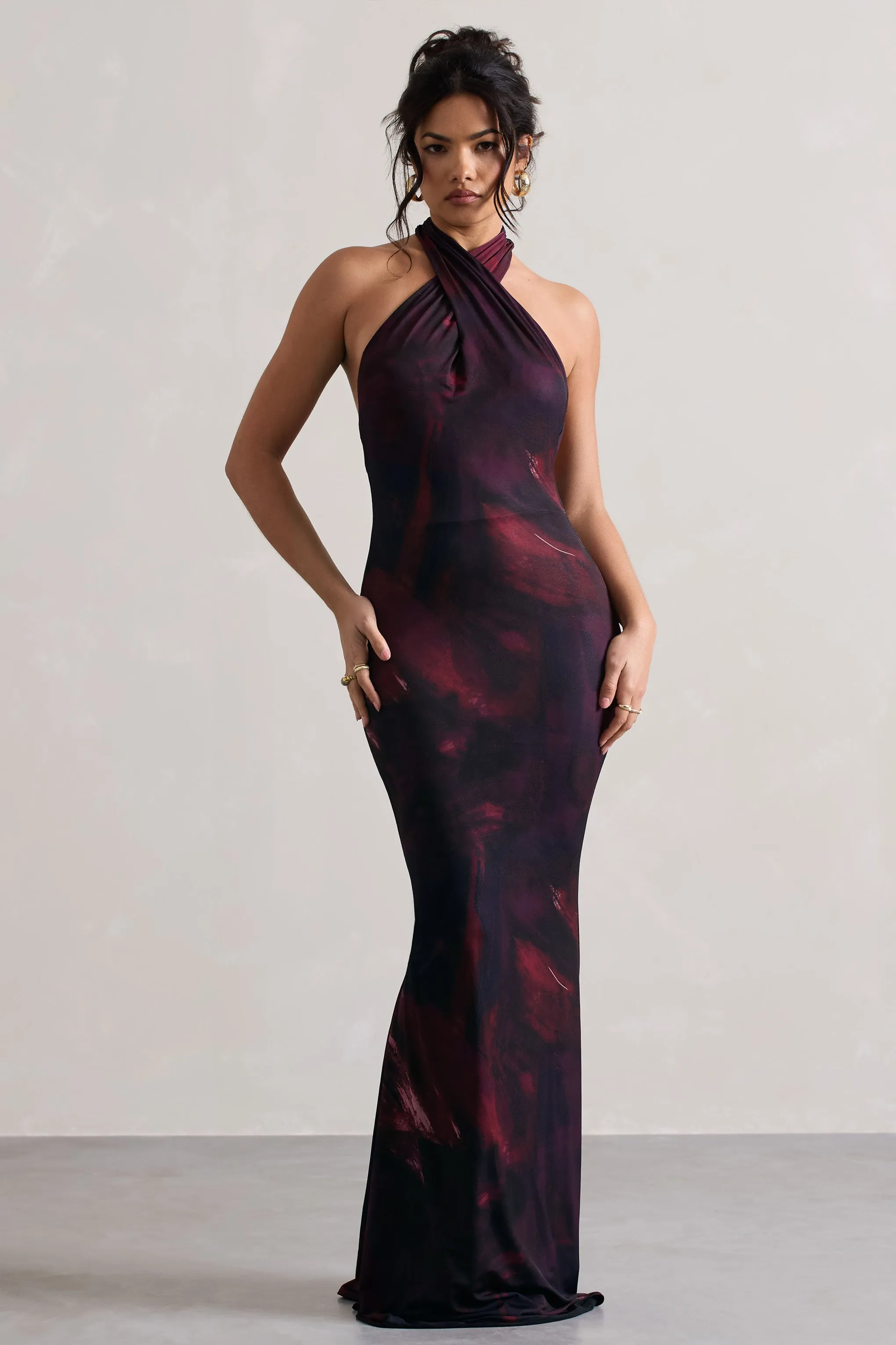 Invincible | Plum Print Cross Over Halter-Neck Open-Back Maxi Dress sold by Club L London product image thumbnail 3