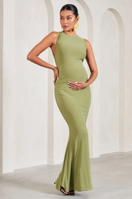 Riley | Olive Ruched Sleeveless Open-Back Maternity Maxi Dress sold by Club L London