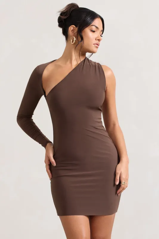 Siren | Chocolate One Shoulder Bodycon Mini Dress sold by Club L London