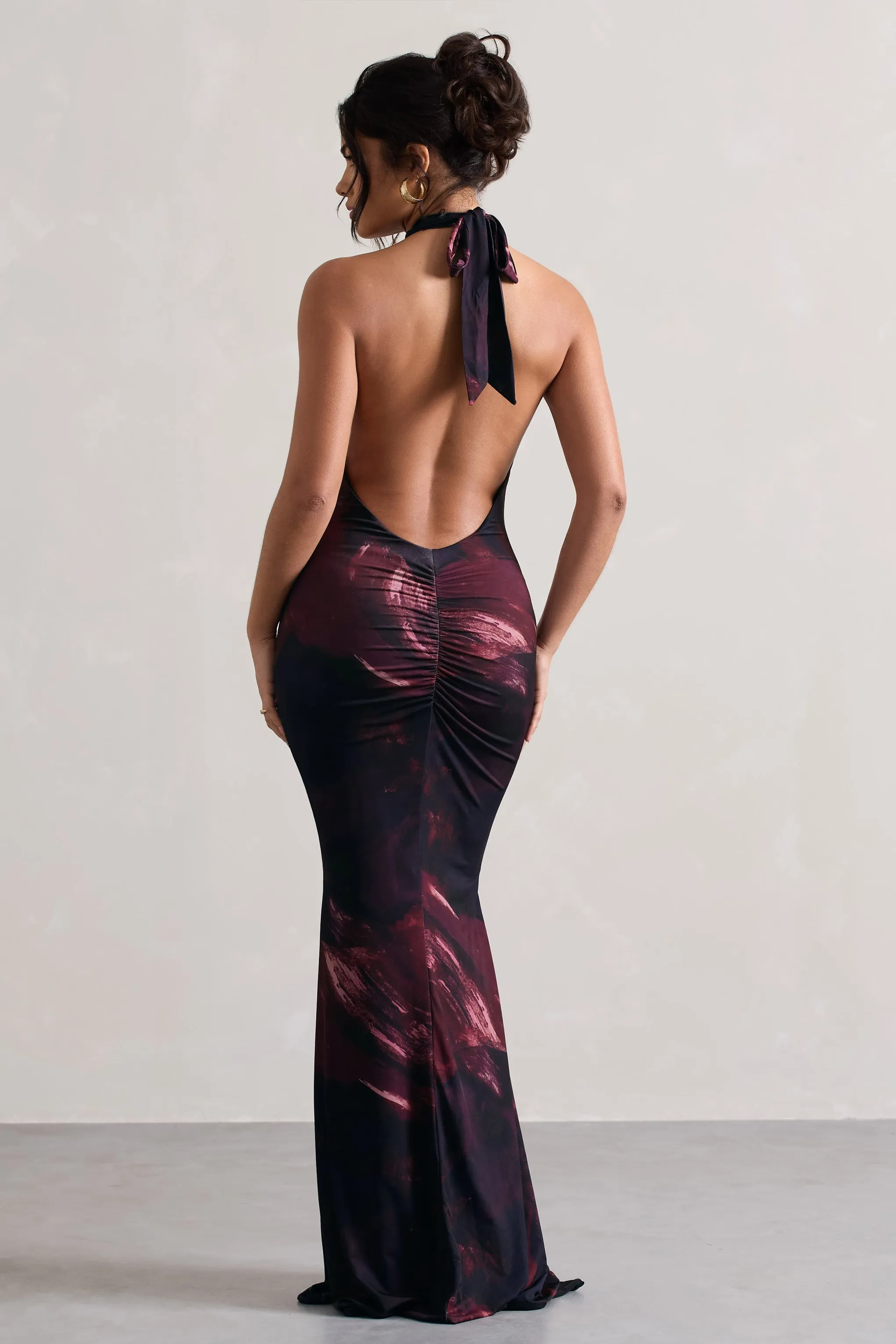 Invincible | Plum Print Cross Over Halter-Neck Open-Back Maxi Dress sold by Club L London product image thumbnail 5