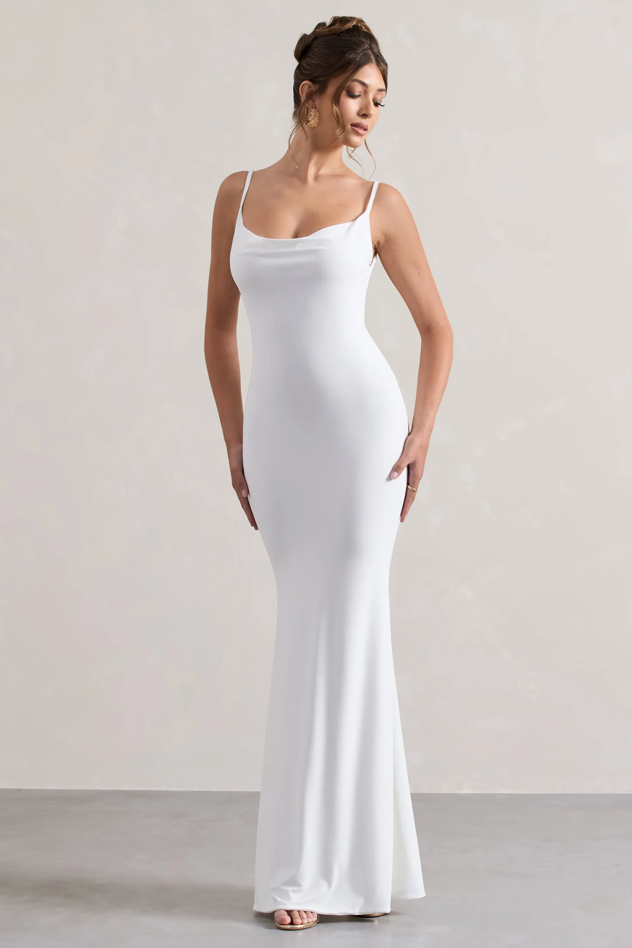 Francoise | White Cowl Neck Backless Maxi Dress With Lace