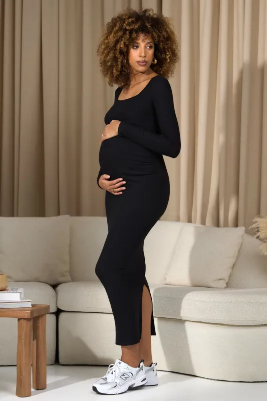Leonora | Black Square-Neck Long-Sleeve Split Maternity Maxi Dress sold by Club L London