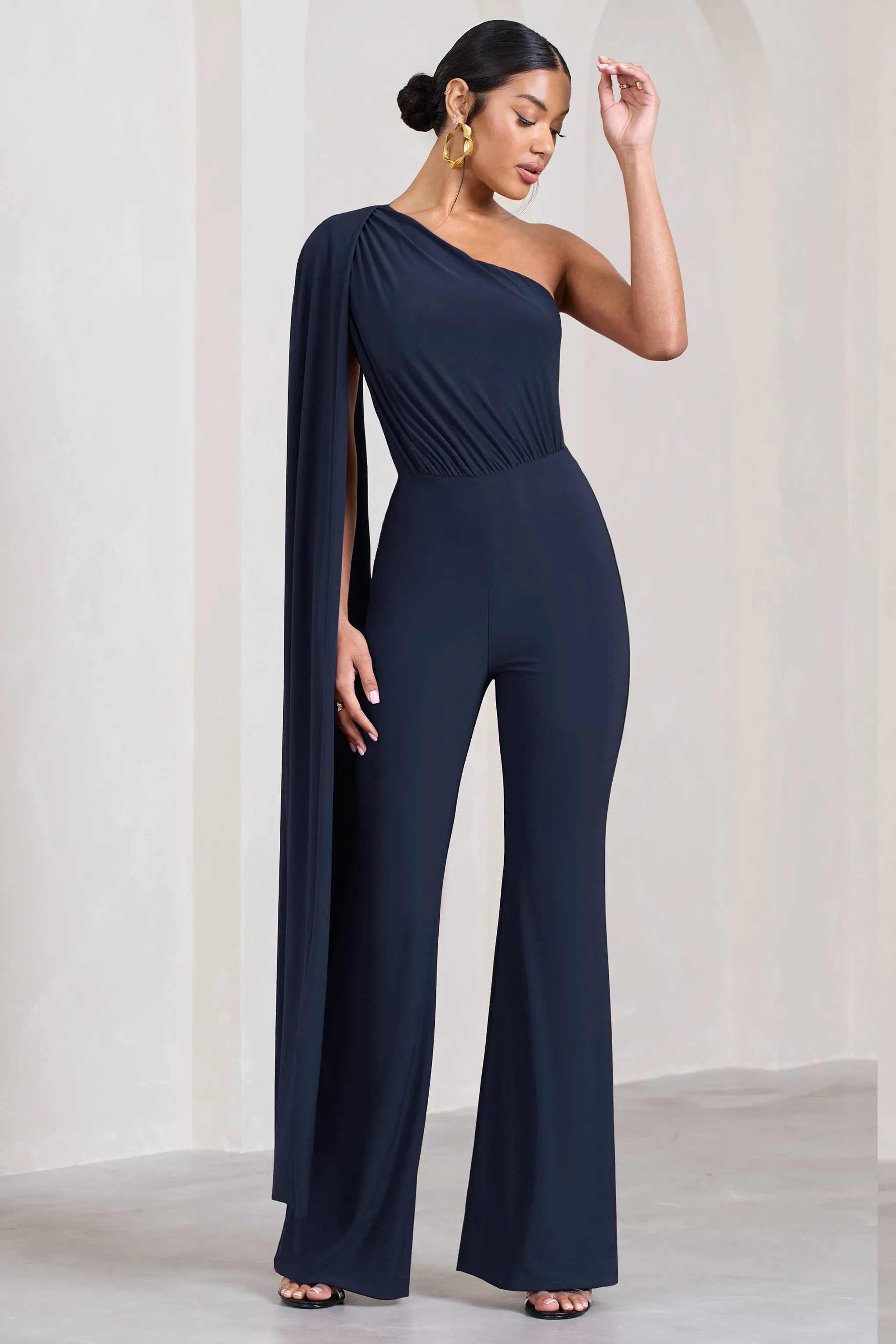 Aurora | Navy One Shoulder Cape Sleeve Jumpsuit sold by Club L London product image thumbnail 4