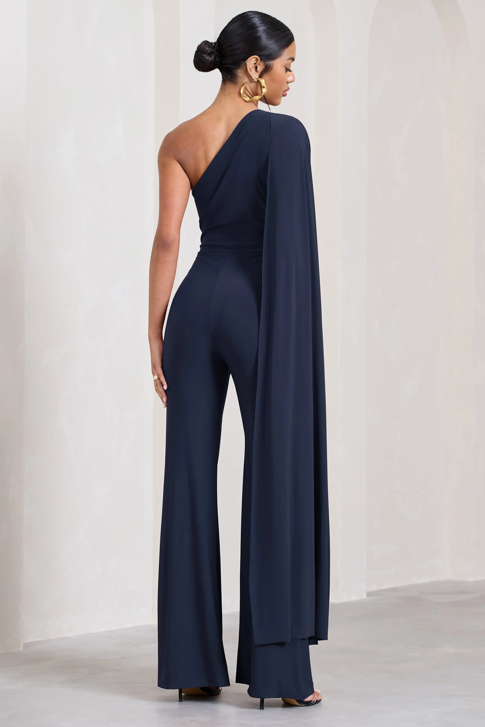 Aurora | Navy One Shoulder Cape Sleeve Jumpsuit sold by Club L London product image thumbnail 2