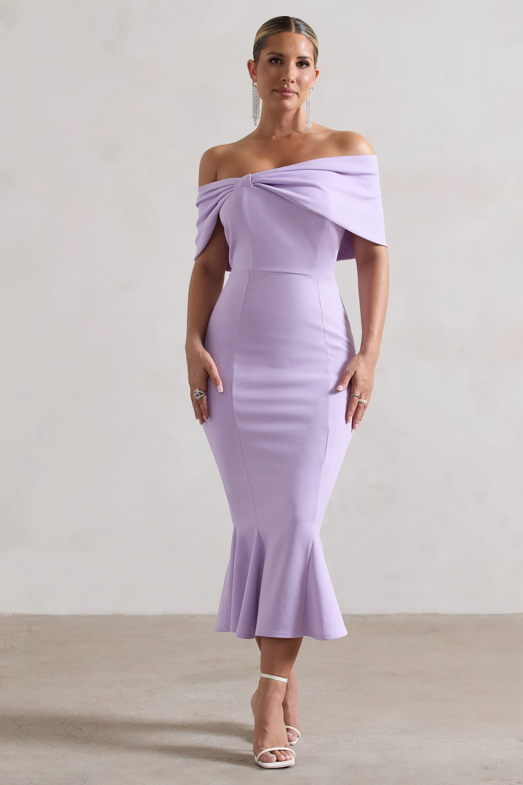 Lydia | Pastel Lilac Bardot Bow Detail Midi Dress sold by Club L London