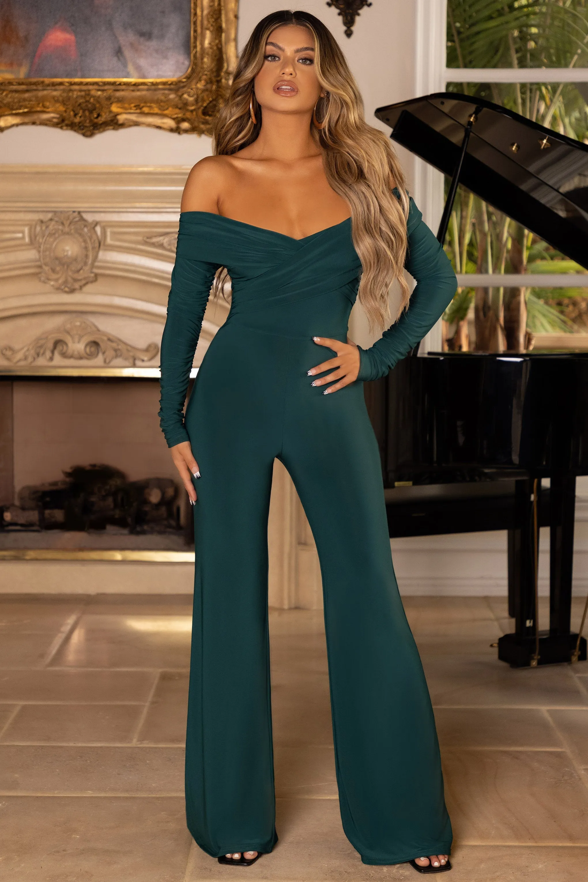Hand On Heart | Bottle Green Twist Front Bardot Long Sleeve Jumpsuit sold by Club L London