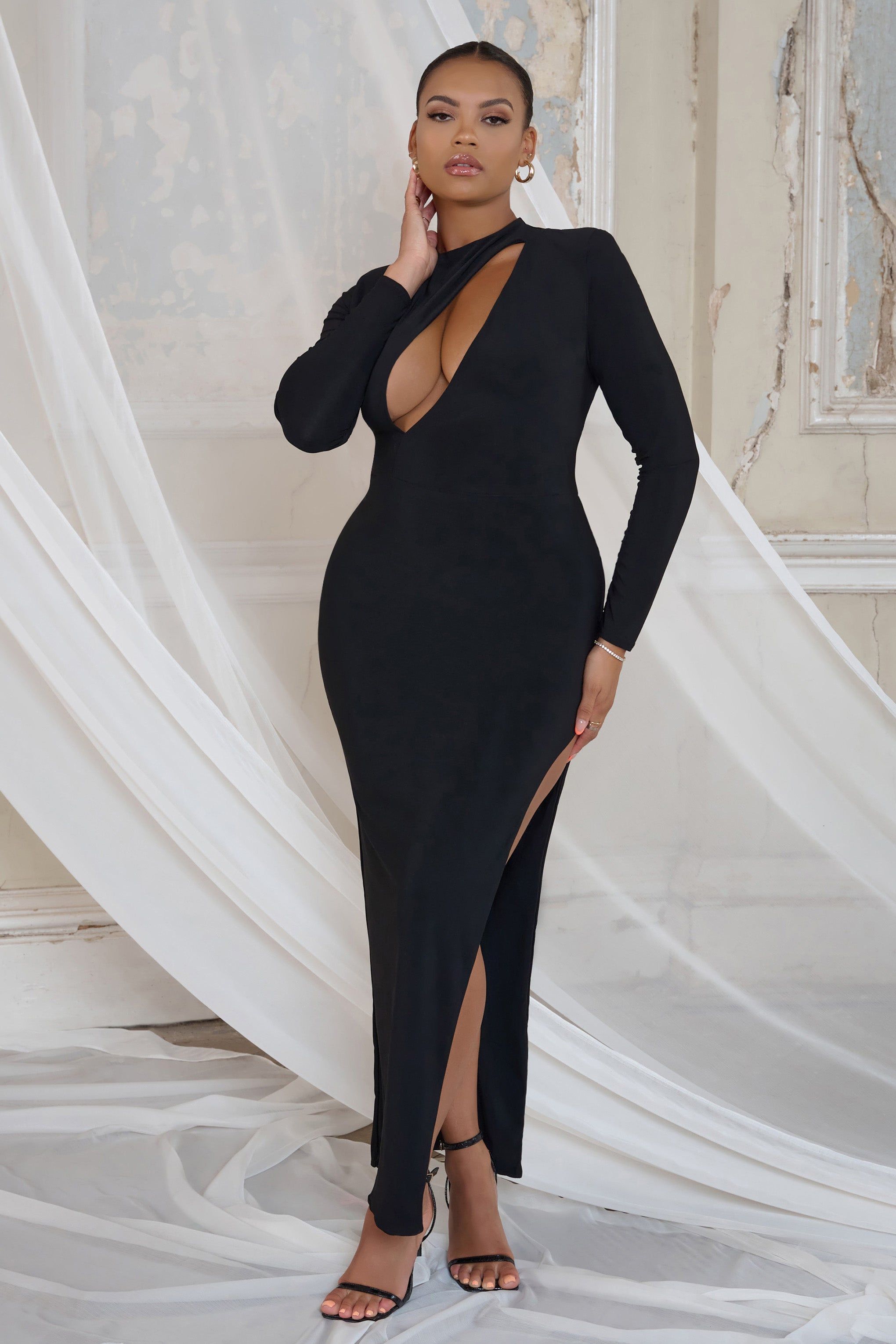 Sweet Summer | Black Cut Out Maxi Dress With Thigh Split sold by Club L London