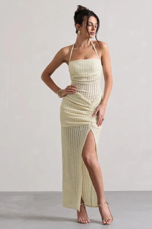 Amalfi | Ecru Textured Sheer Halter-Neck Maxi Dress sold by Club L London