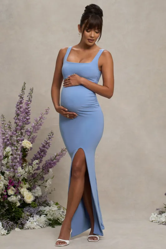 Avril | Powder Blue Square Neck Maternity Maxi Dress with Split sold by Club L London