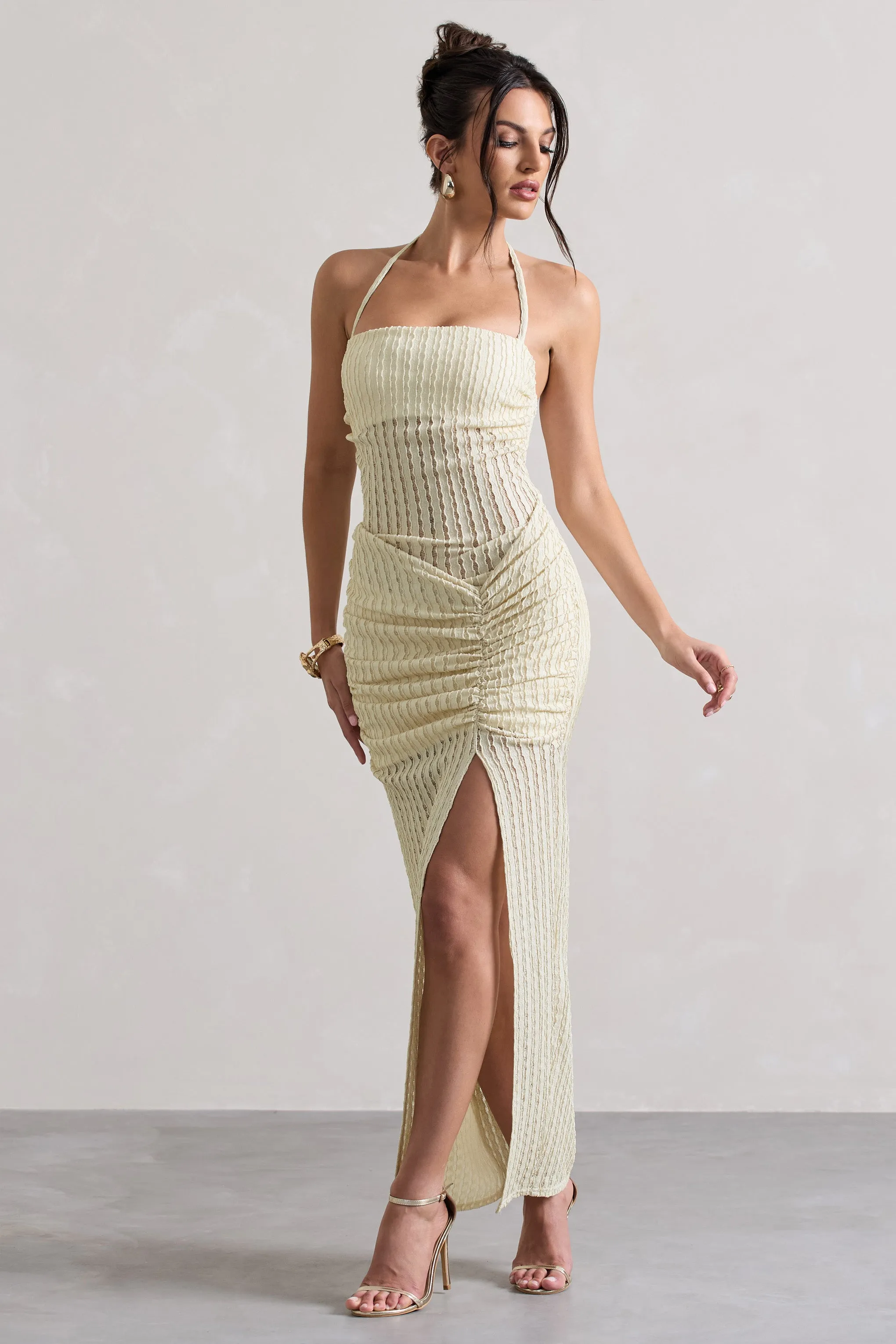 Amalfi | Ecru Textured Sheer Halter-Neck Maxi Dress sold by Club L London product image thumbnail 5