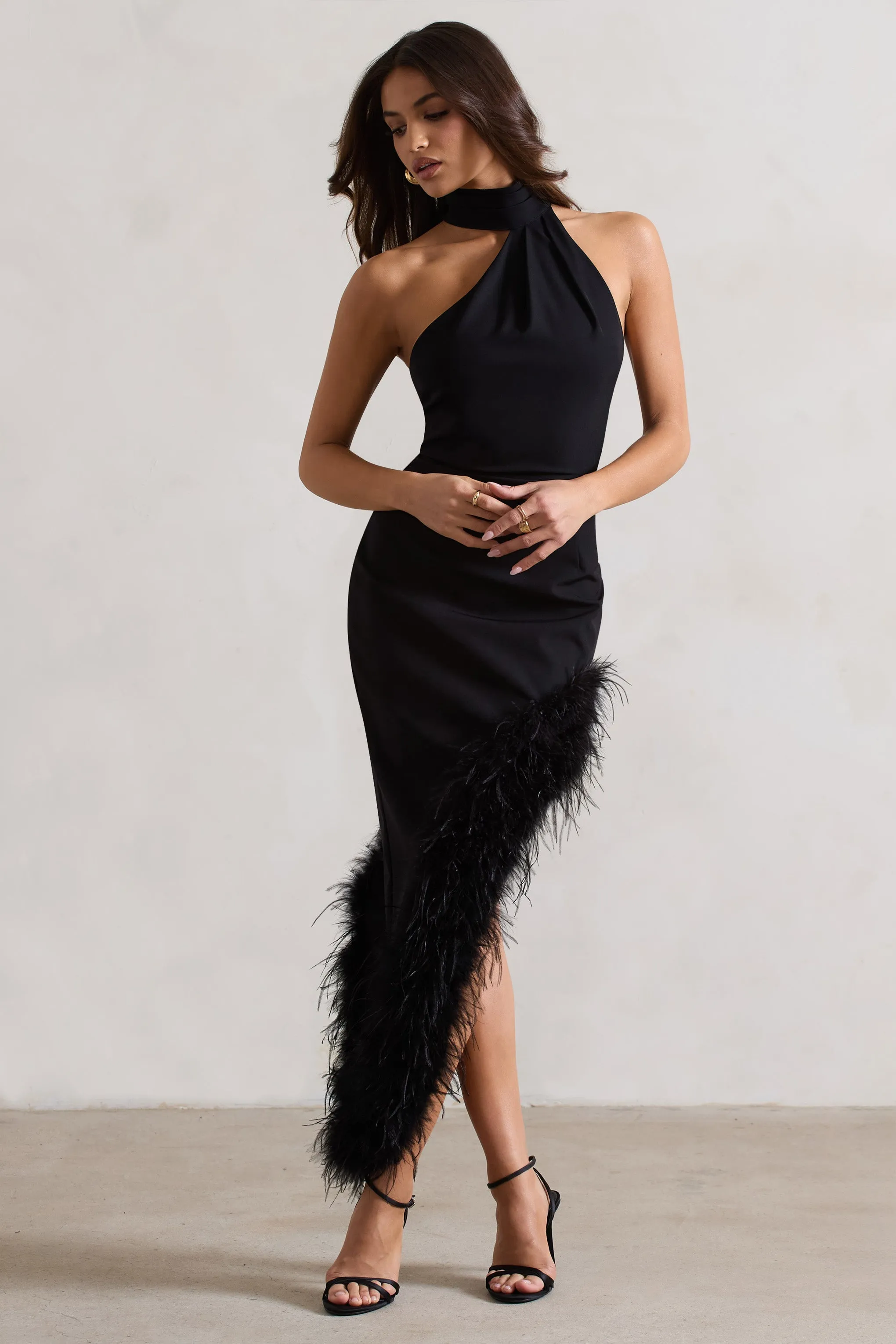 Brilliance | Black Asymmetric Maxi Dress With Feather Trim sold by Club L London product image thumbnail 4