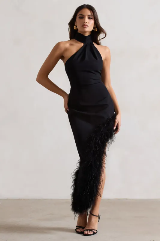 Brilliance | Black Asymmetric Maxi Dress With Feather Trim sold by Club L London