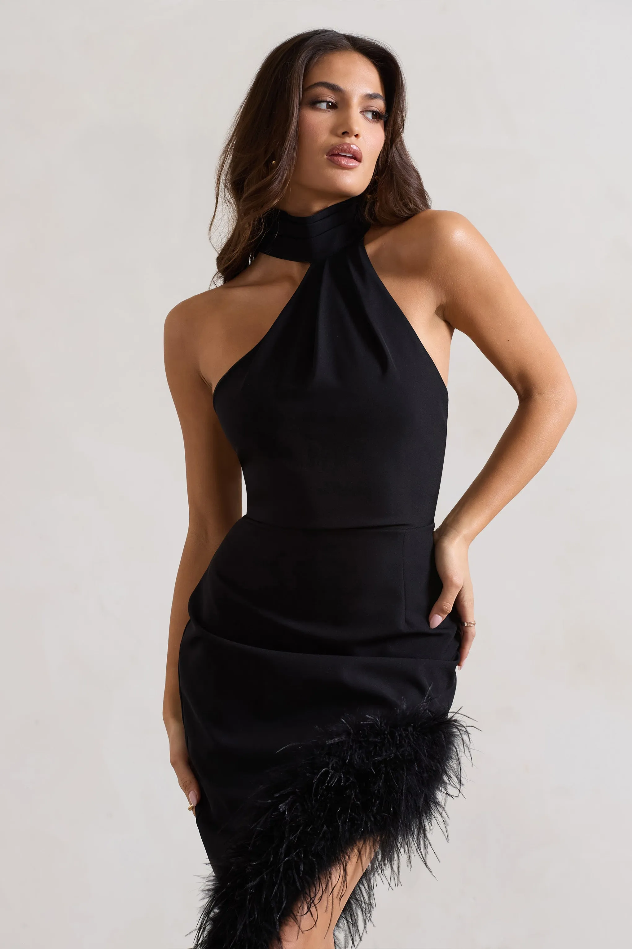Brilliance | Black Asymmetric Maxi Dress With Feather Trim sold by Club L London product image thumbnail 3