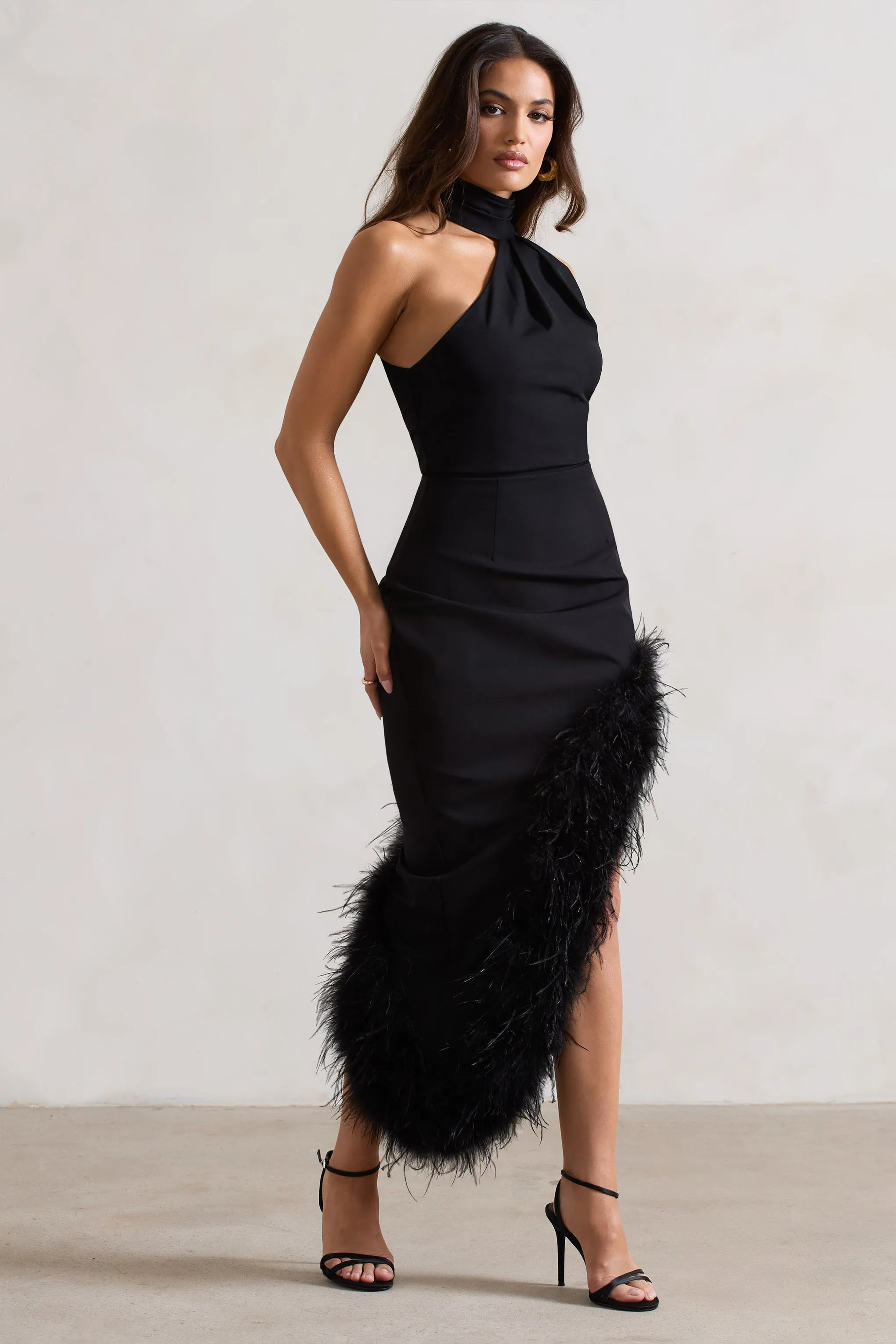 Brilliance | Black Asymmetric Maxi Dress With Feather Trim sold by Club L London product image thumbnail 5