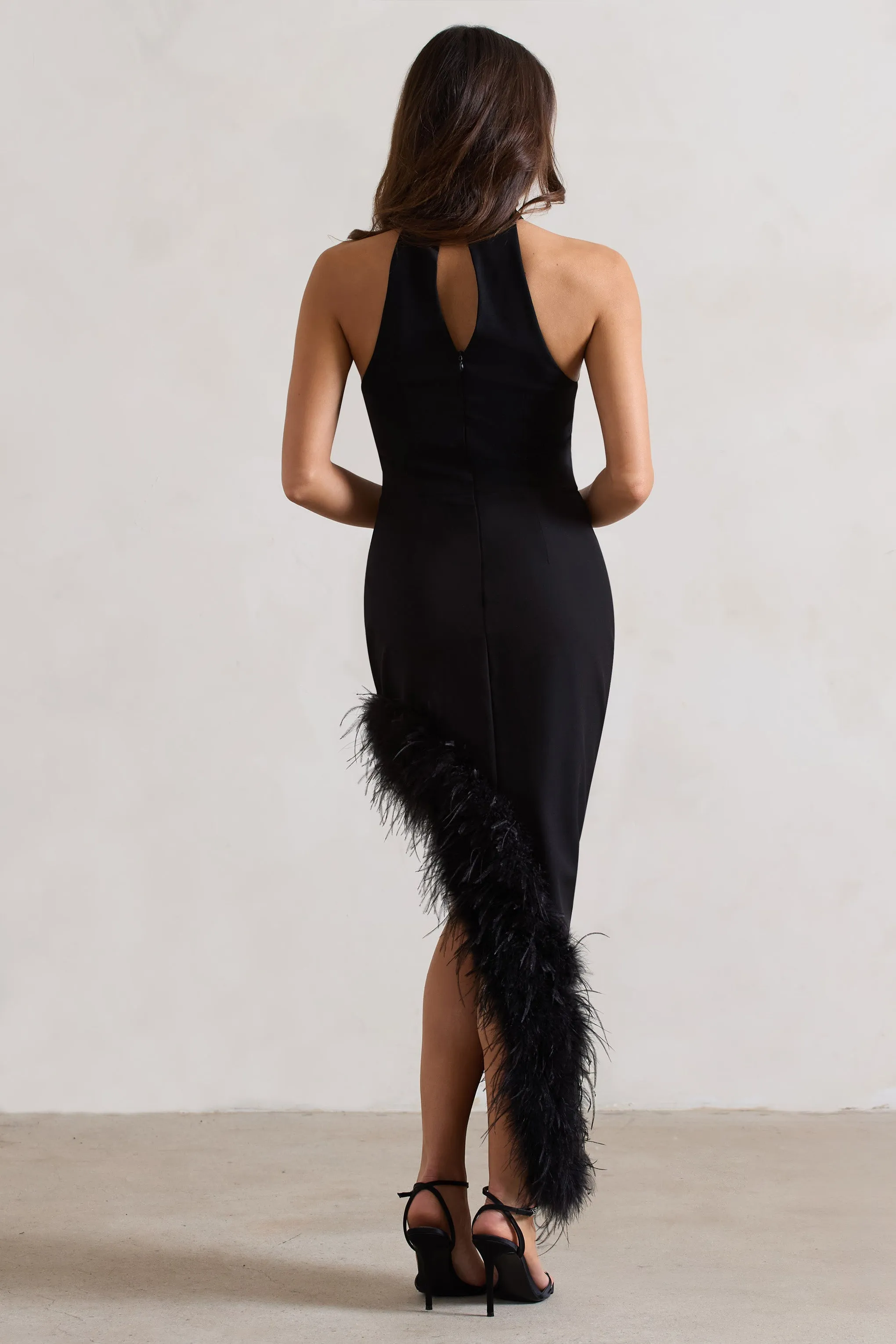 Brilliance | Black Asymmetric Maxi Dress With Feather Trim sold by Club L London product image thumbnail 2