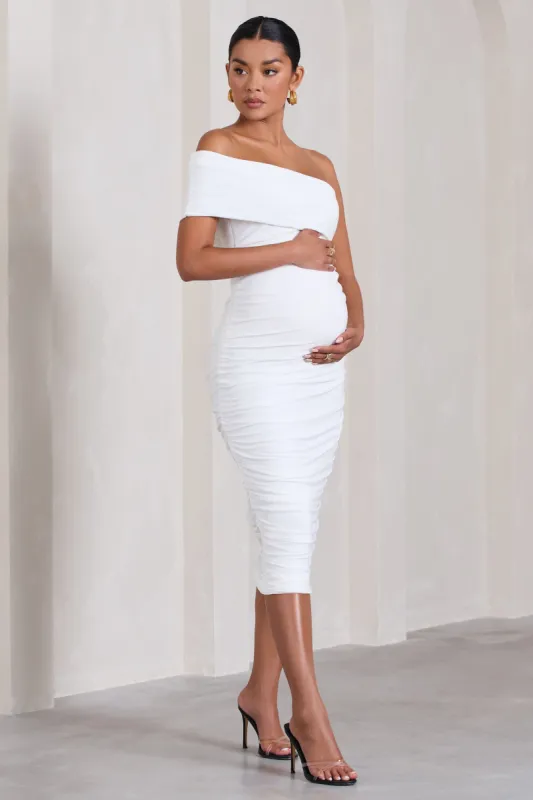 Remember Me | White Maternity One Shoulder Midi Dress sold by Club L London
