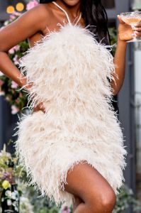 Power Up | Champagne Feather Halter Neck Mini Dress sold by Club L London
