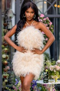Power Up | Champagne Feather Halter Neck Mini Dress sold by Club L London