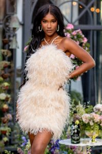 Power Up | Champagne Feather Halter Neck Mini Dress sold by Club L London