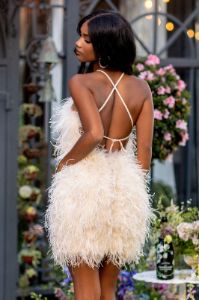 Power Up | Champagne Feather Halter Neck Mini Dress sold by Club L London