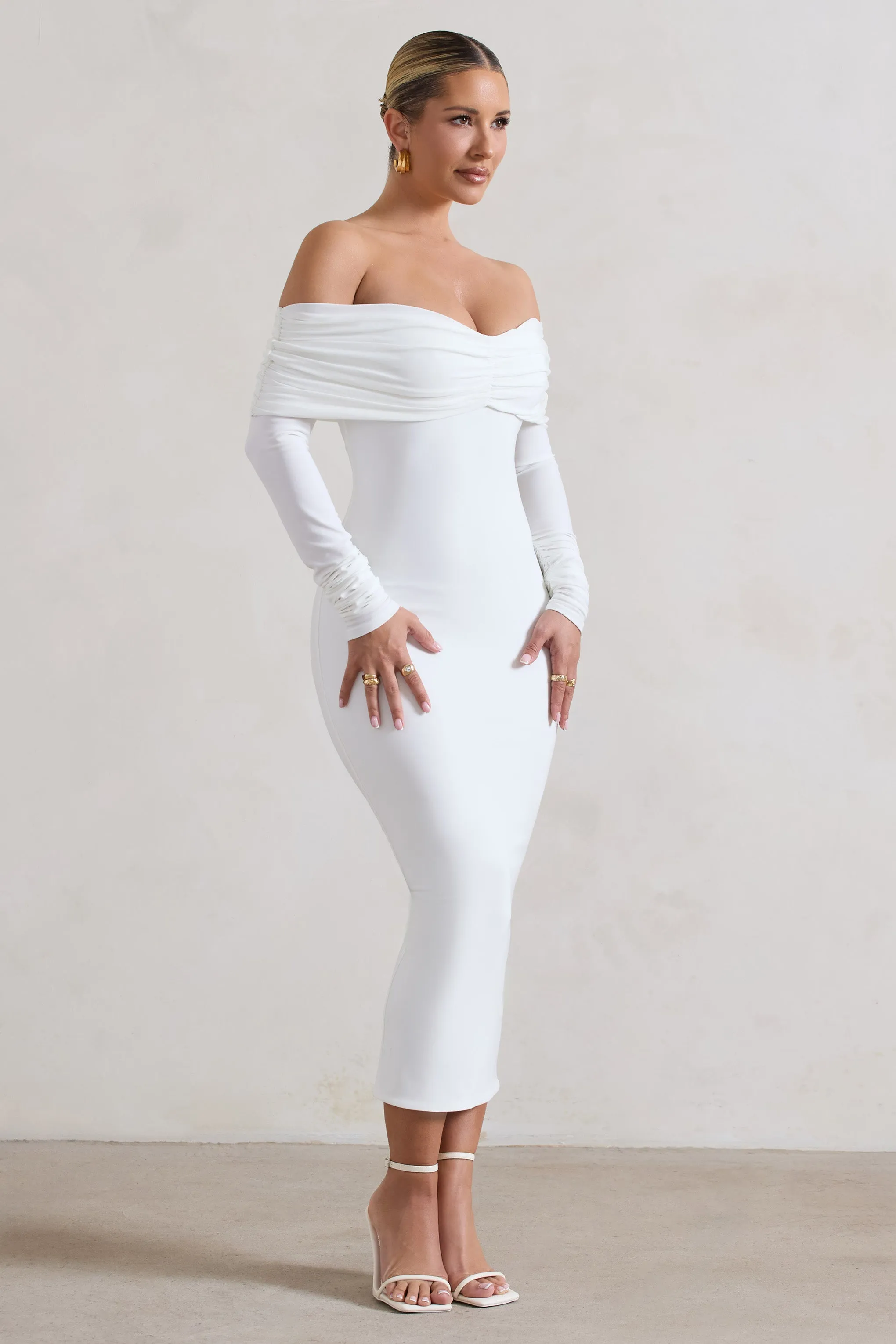 Marcella | White Bodycon Bardot Midi Dress sold by Club L London product image thumbnail 4