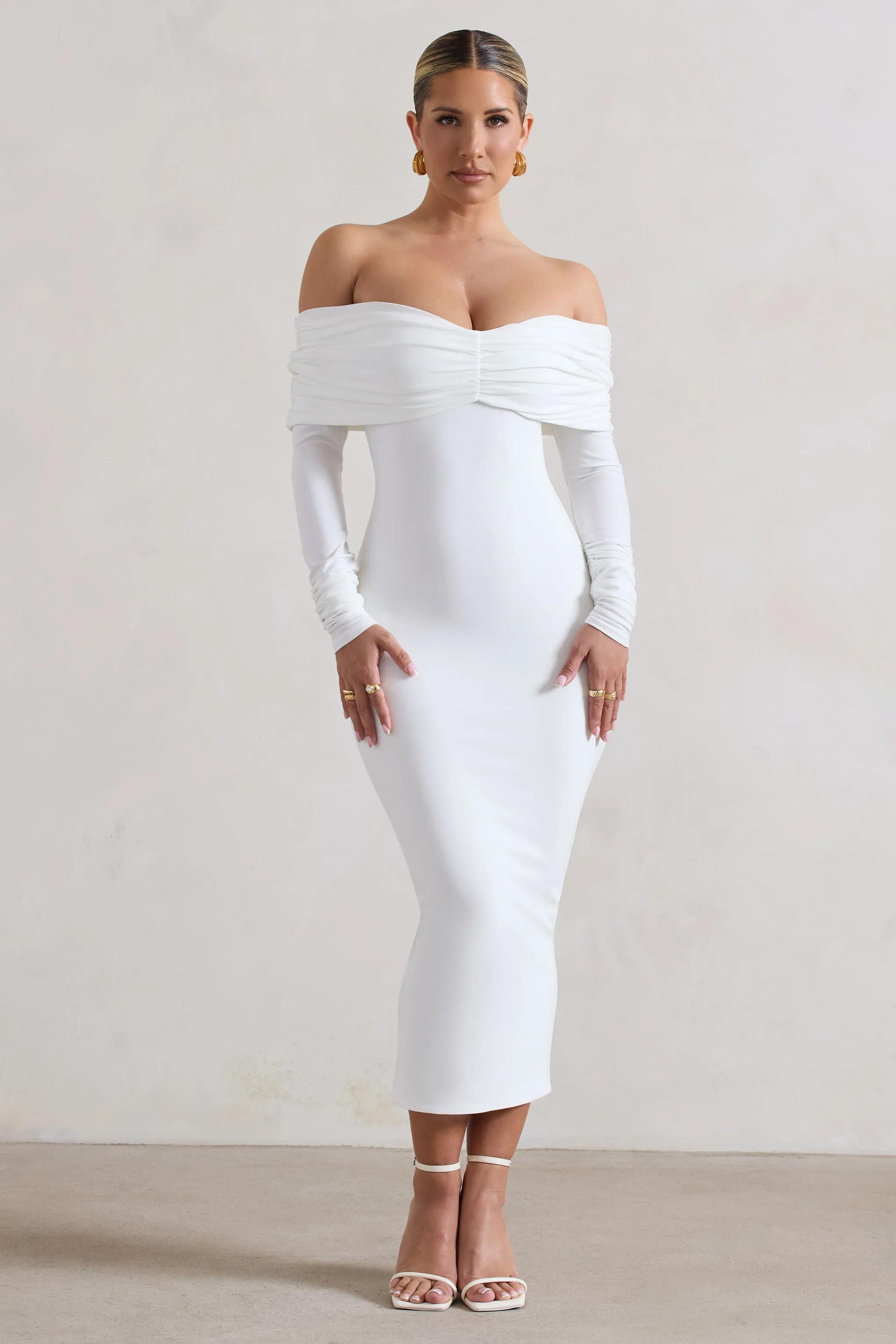 Marcella | White Bodycon Bardot Midi Dress sold by Club L London