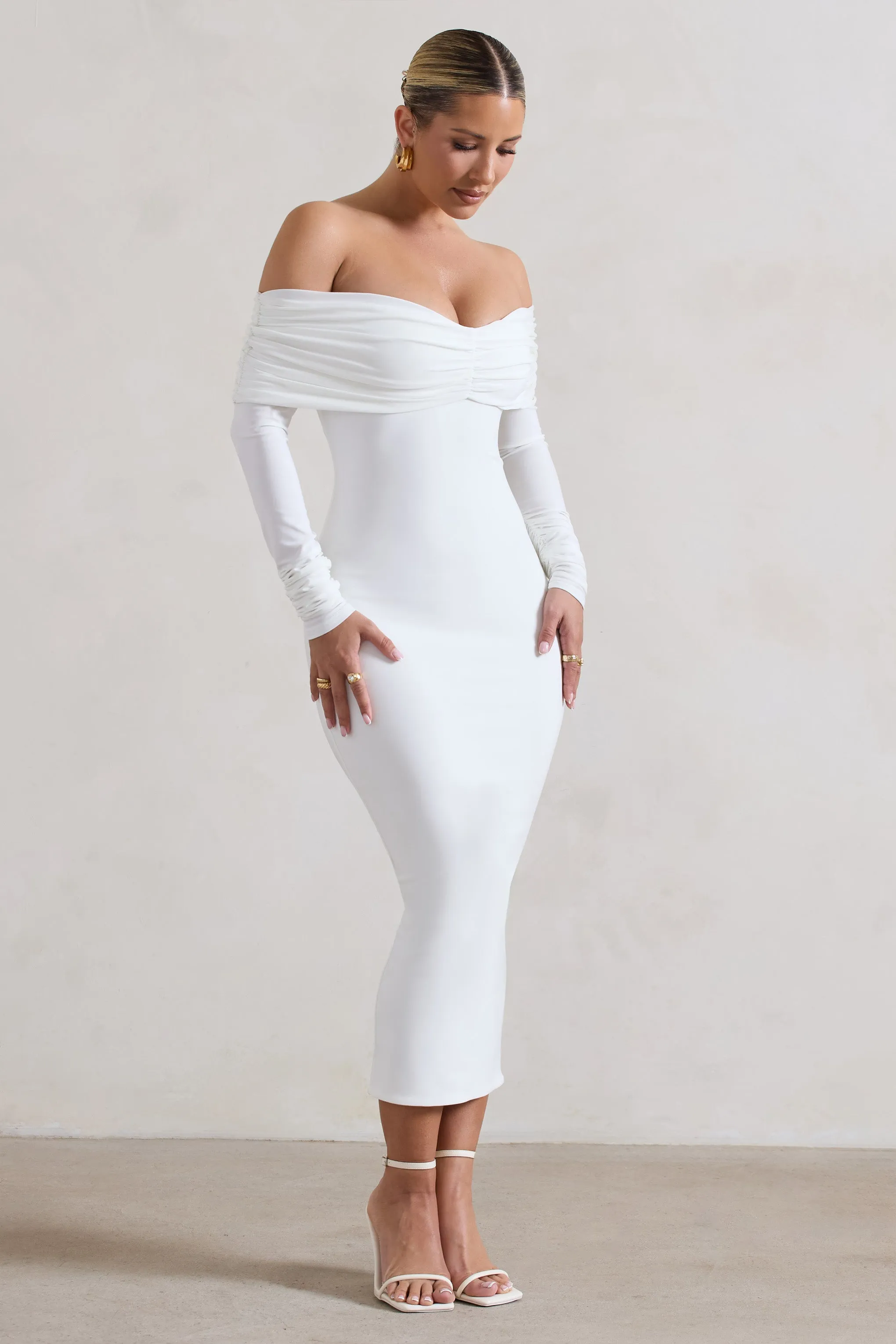 Marcella | White Bodycon Bardot Midi Dress sold by Club L London product image thumbnail 5