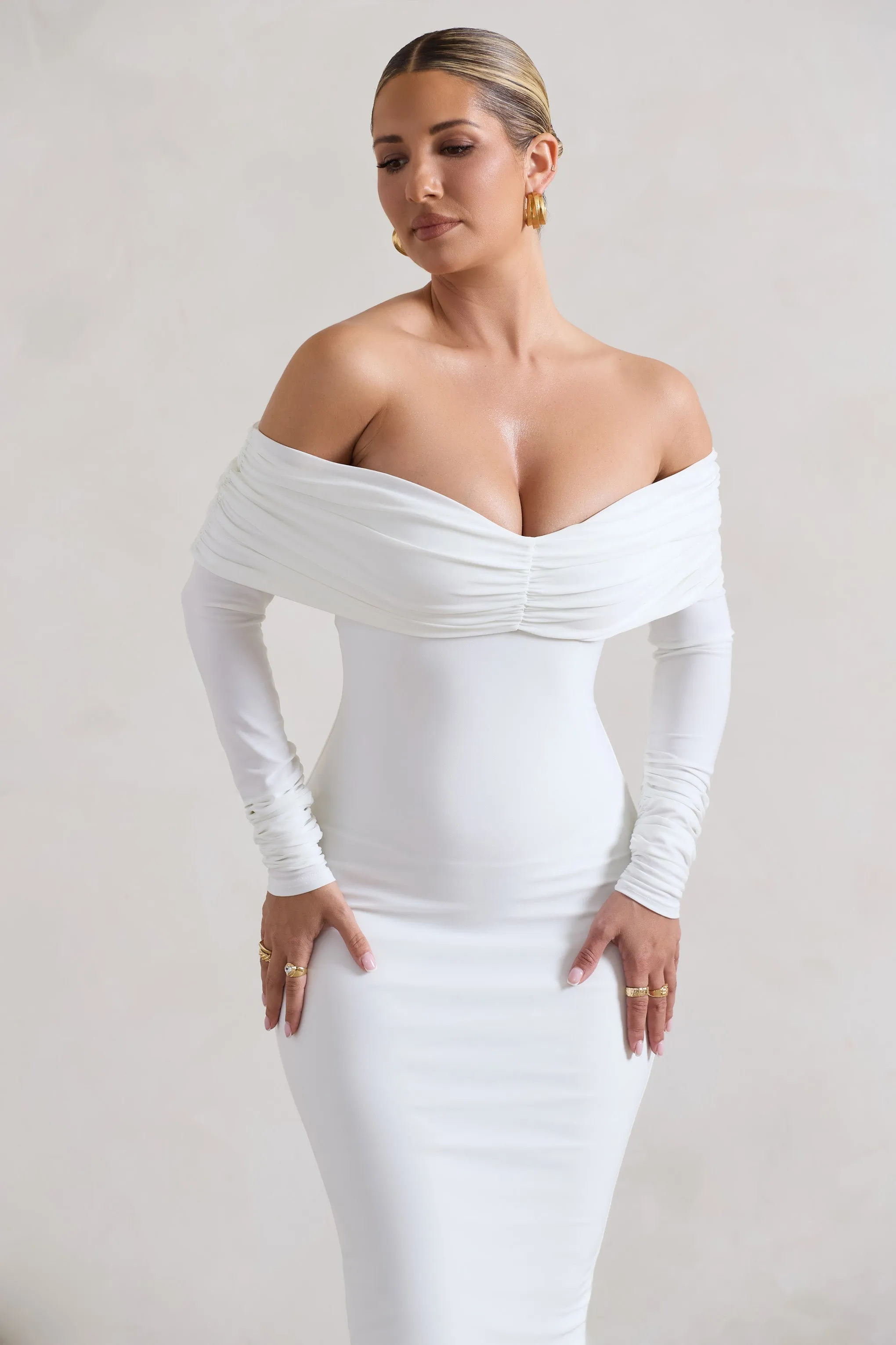 Marcella | White Bodycon Bardot Midi Dress sold by Club L London product image thumbnail 3