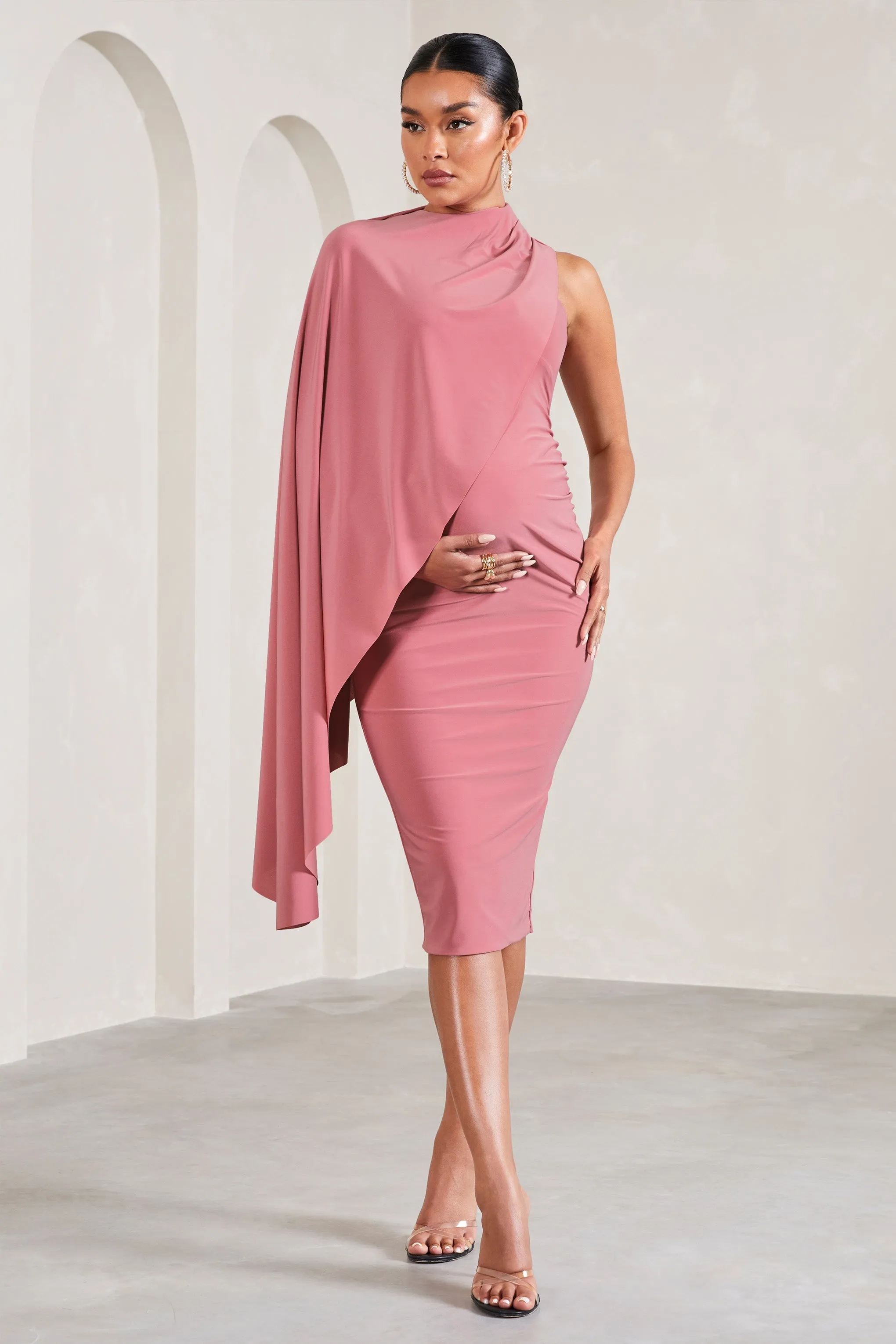 New Chapter | Blush Pink Asymmetric Maternity Midi Dress With Cape sold by Club L London product image thumbnail 5