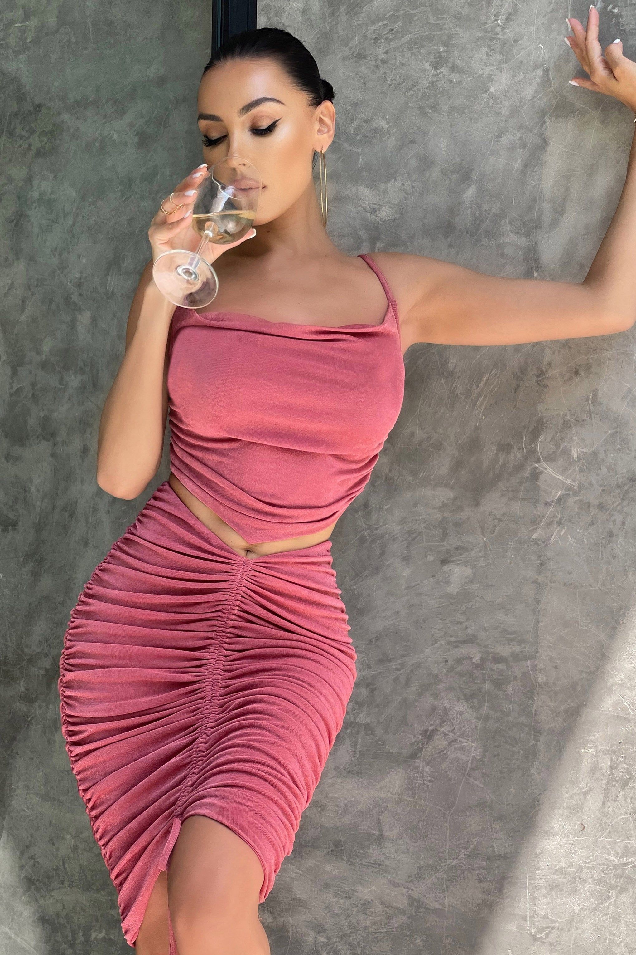 Truth | Rose Ruched Bodycon Midi Skirt With Tie Detail sold by Club L London