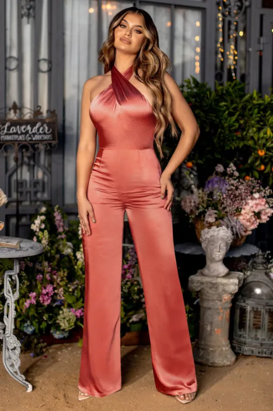 Overtime | Petite Coral Halter Neck Wrap Front Jumpsuit sold by Club L London