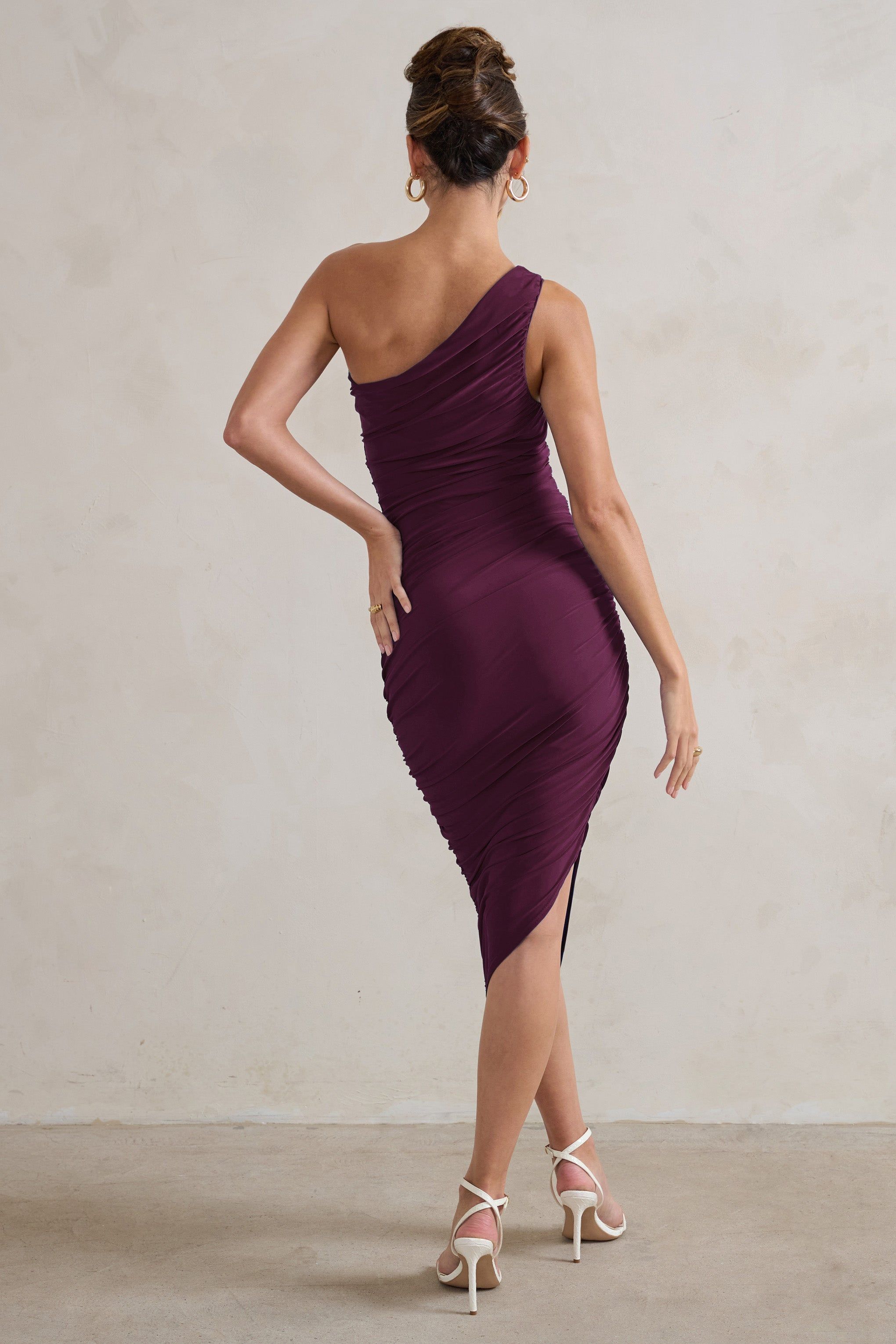 Dorit | Plum One Shoulder Asymmetric Ruched Midi Dress sold by Club L London product image thumbnail 2