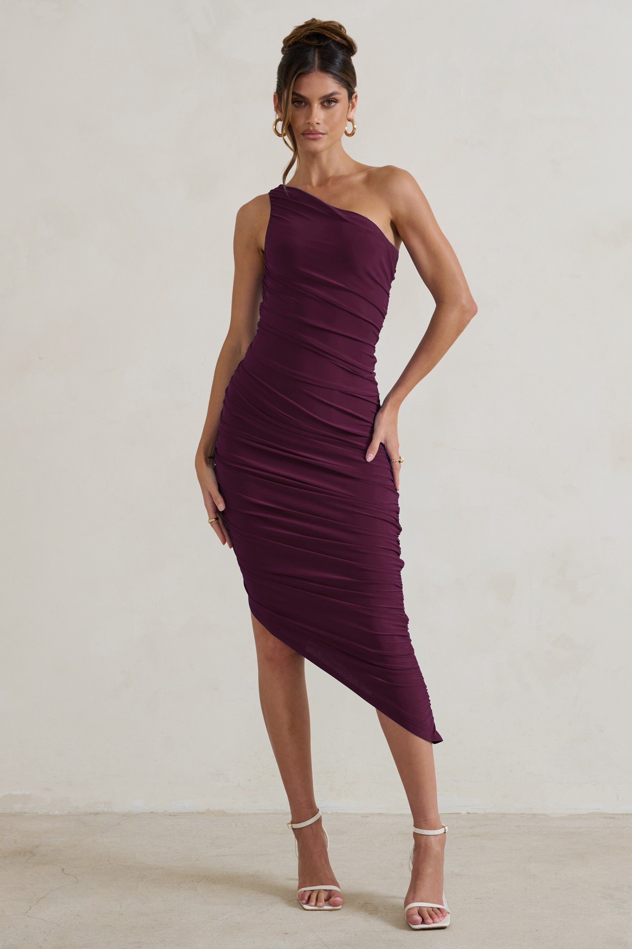 Dorit | Plum One Shoulder Asymmetric Ruched Midi Dress sold by Club L London product image thumbnail 5