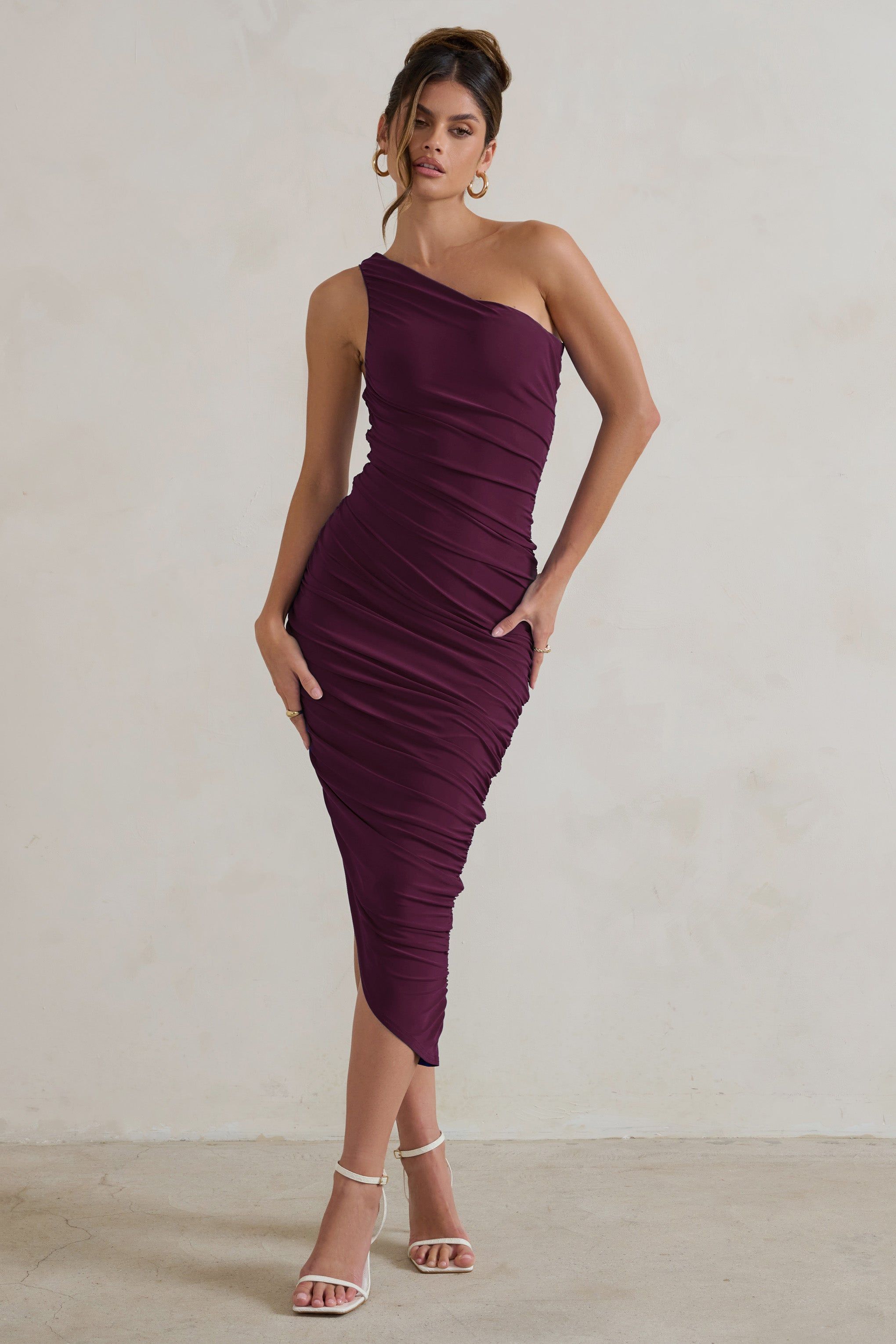 Dorit | Plum One Shoulder Asymmetric Ruched Midi Dress sold by Club L London