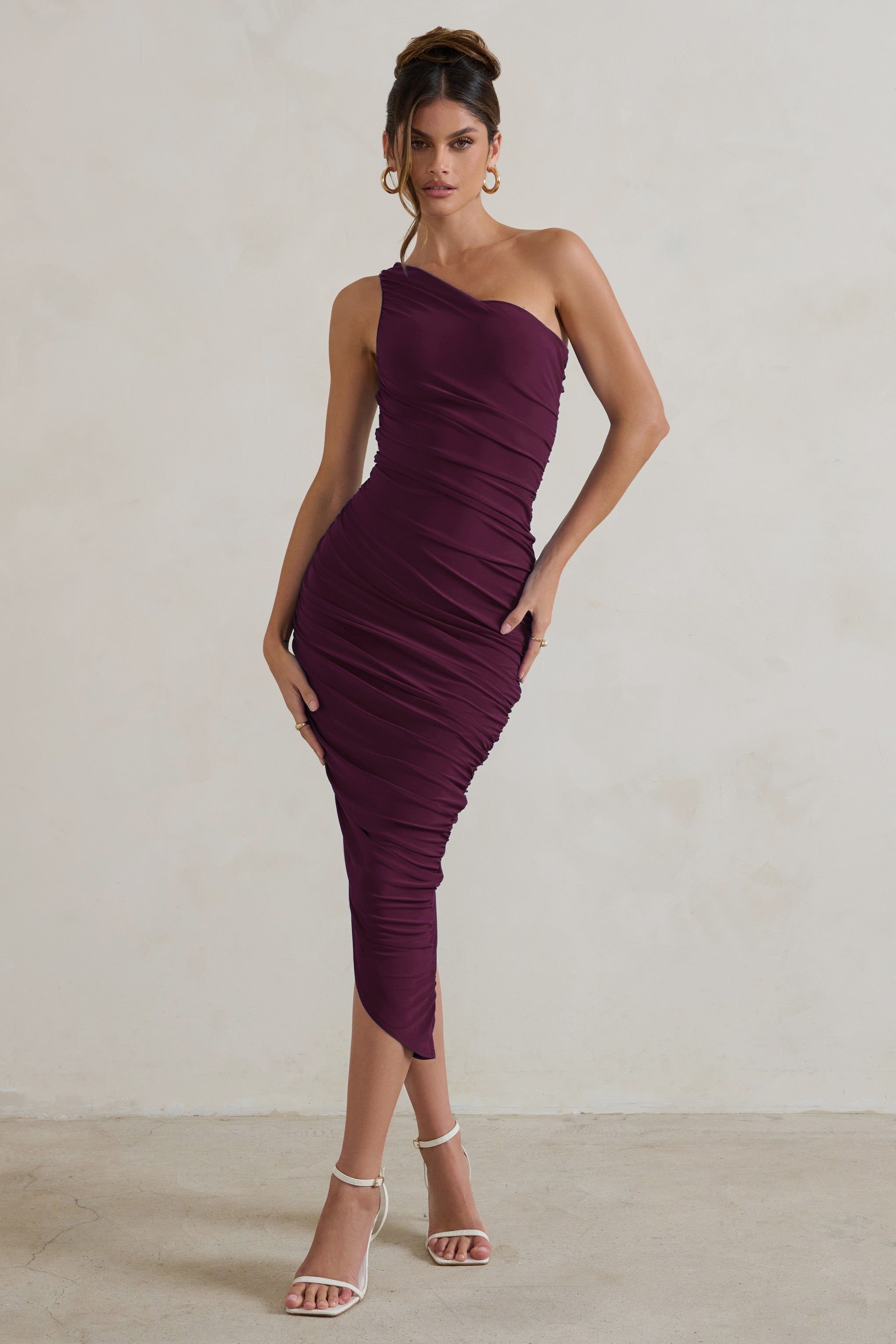 Dorit | Plum One Shoulder Asymmetric Ruched Midi Dress sold by Club L London product image thumbnail 4