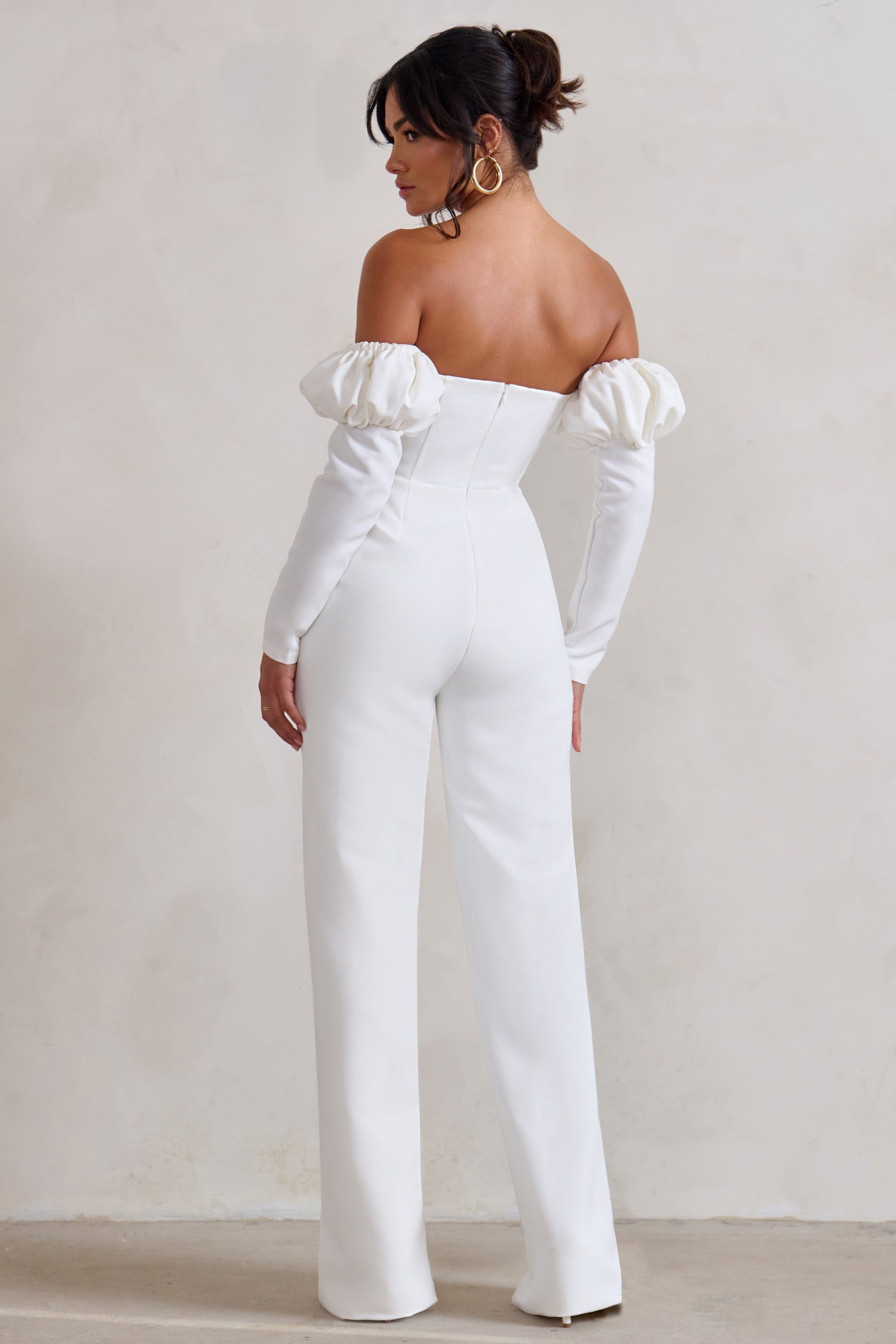 Reema | White Bardot Puff Long Sleeve Jumpsuit sold by Club L London product image thumbnail 2
