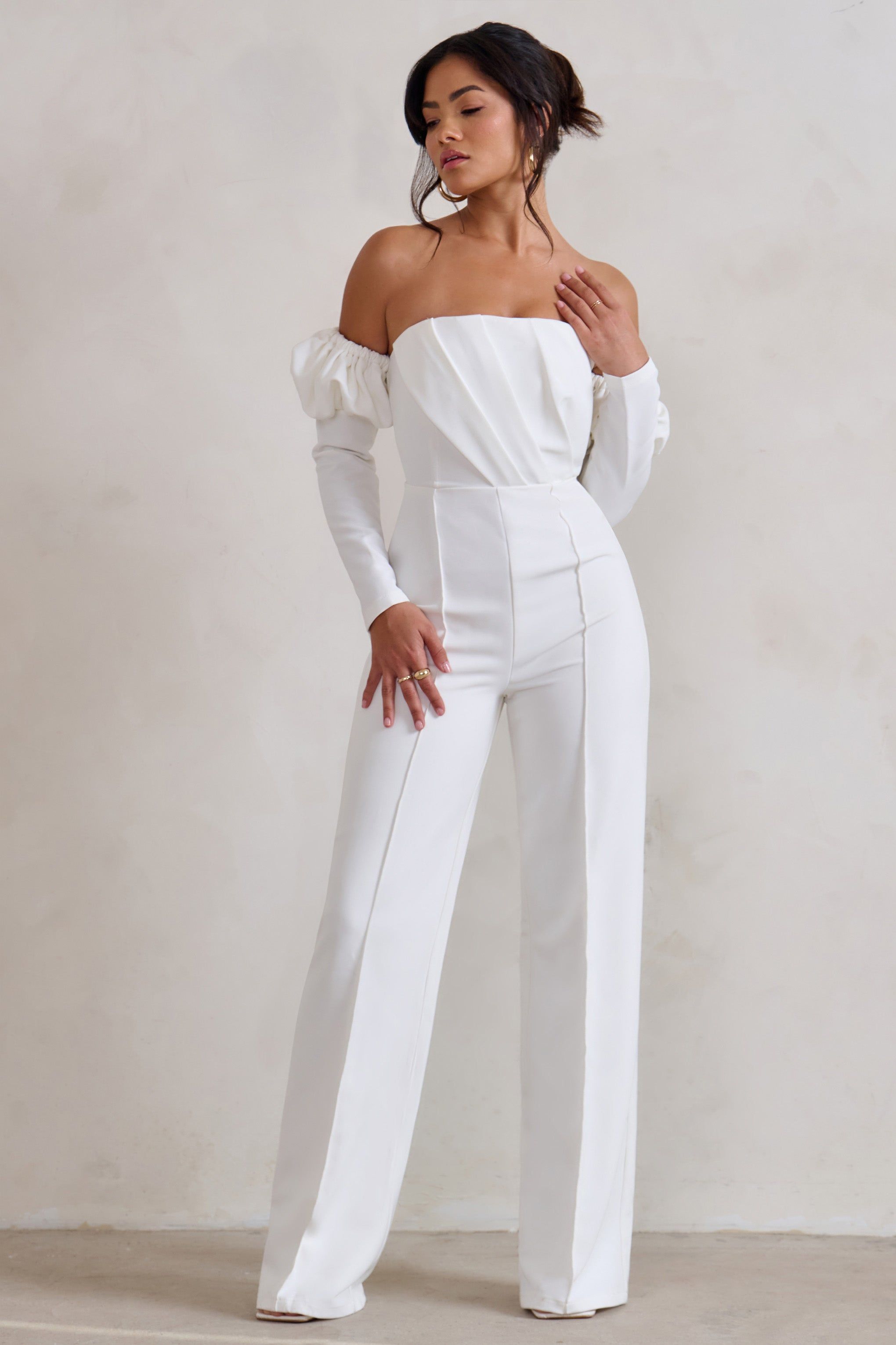 Reema | White Bardot Puff Long Sleeve Jumpsuit sold by Club L London