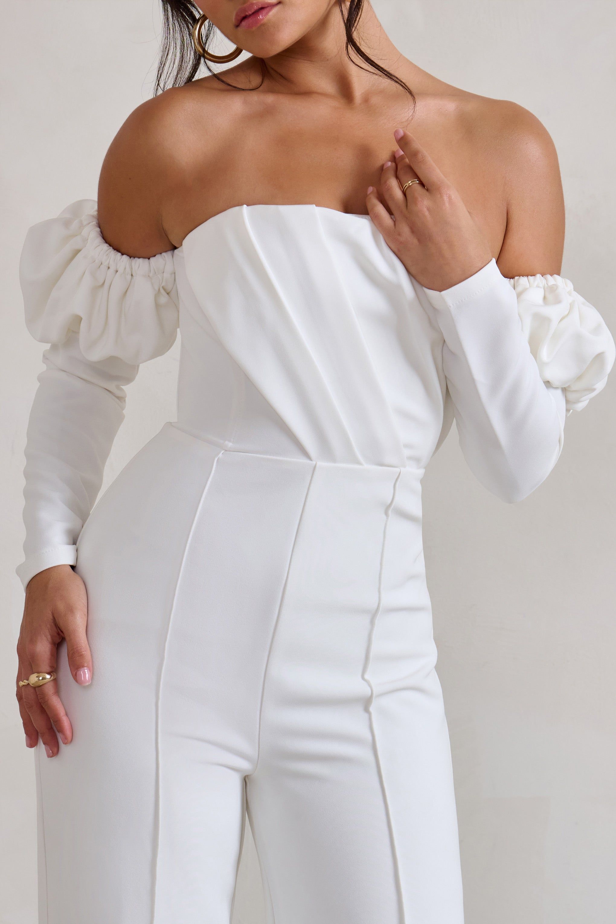 Reema | White Bardot Puff Long Sleeve Jumpsuit sold by Club L London product image thumbnail 3