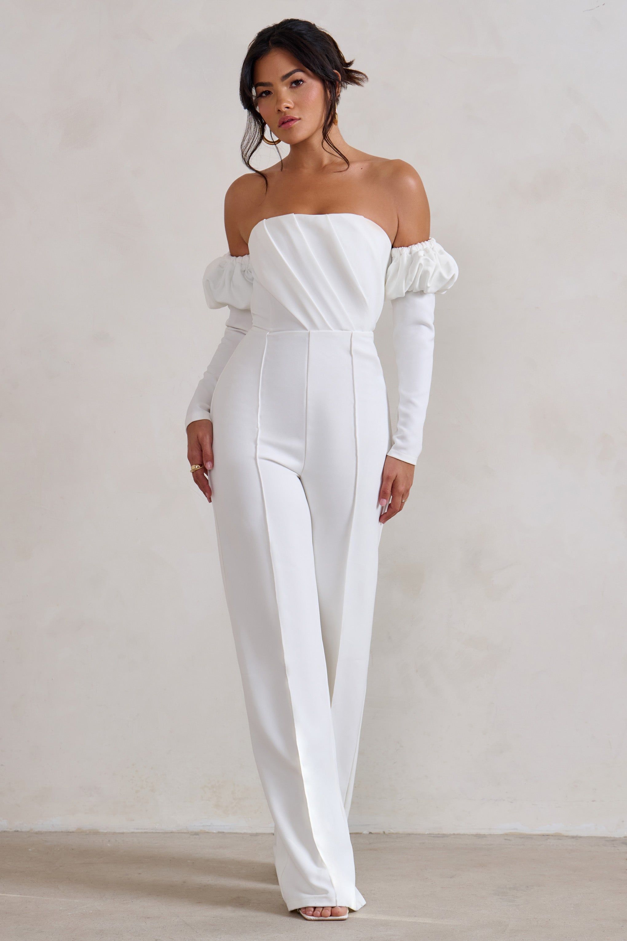 Reema | White Bardot Puff Long Sleeve Jumpsuit sold by Club L London product image thumbnail 4