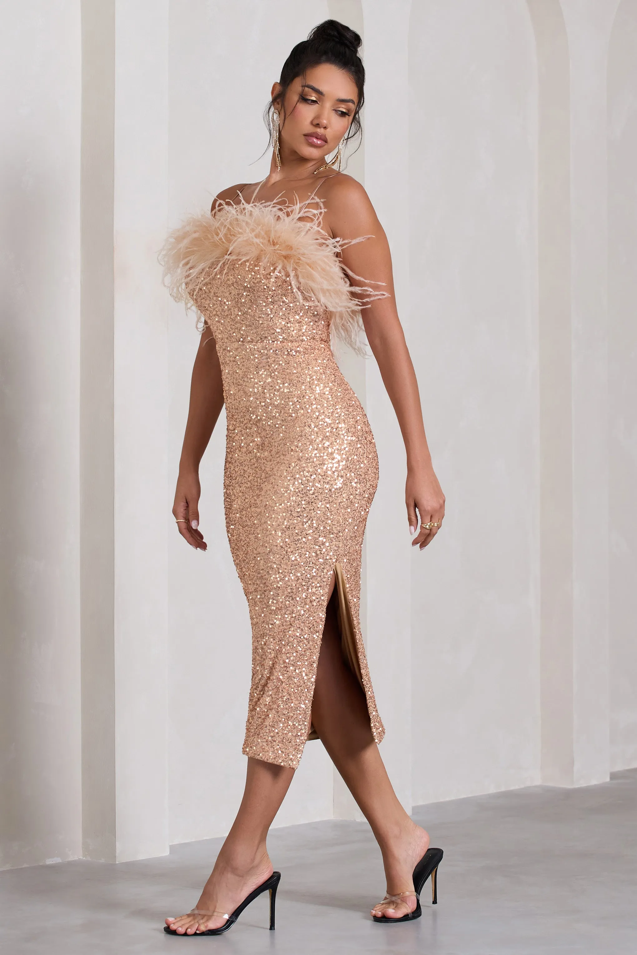 In Your Head | Rose Gold Sequin Strappy Midi Dress With Feathers sold by Club L London product image thumbnail 4