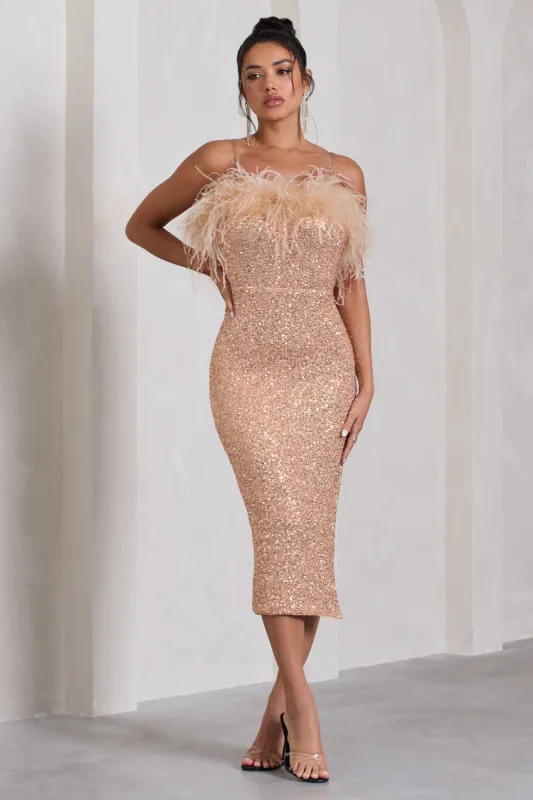 In Your Head | Rose Gold Sequin Strappy Midi Dress With Feathers sold by Club L London