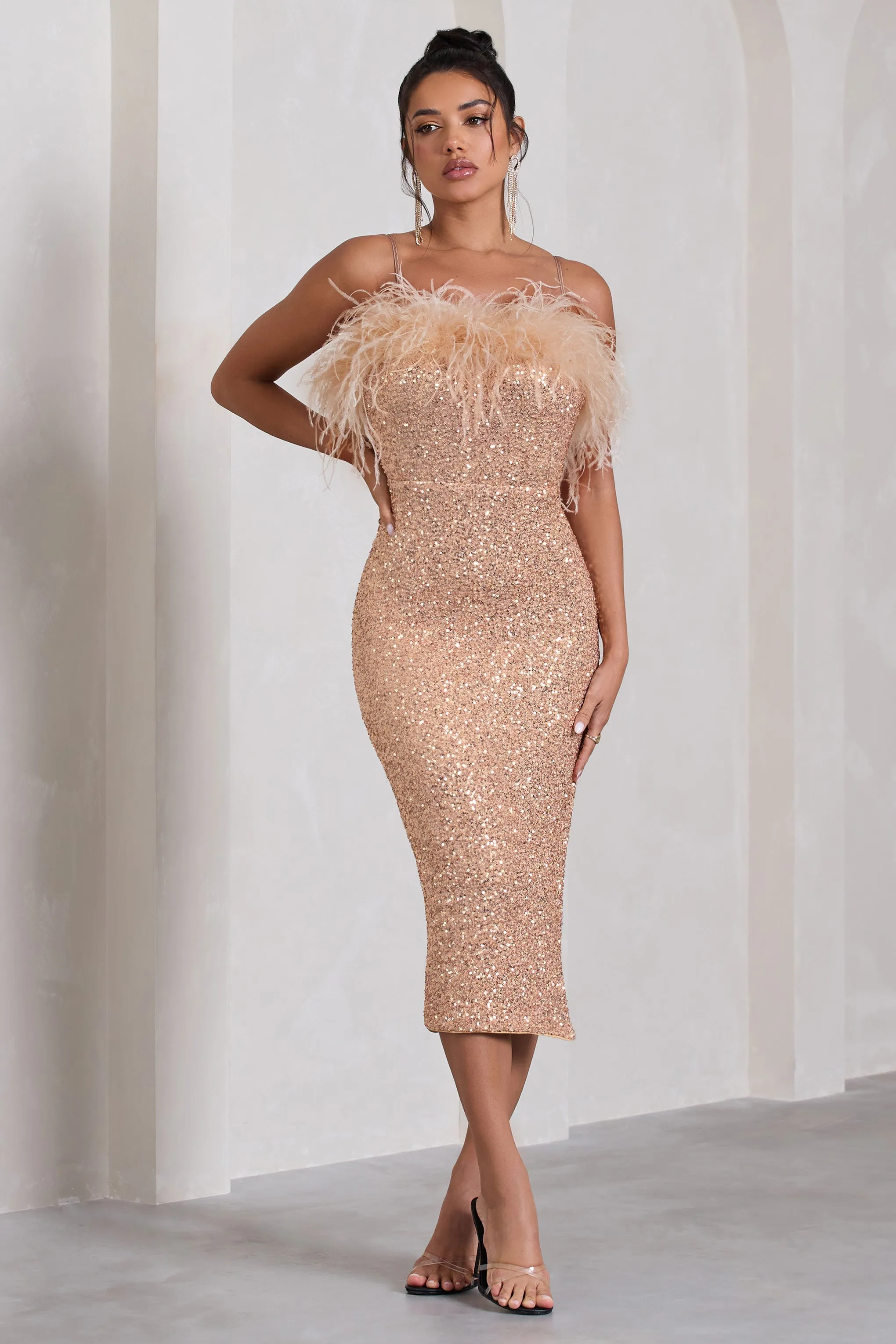 In Your Head | Rose Gold Sequin Strappy Midi Dress With Feathers sold by Club L London