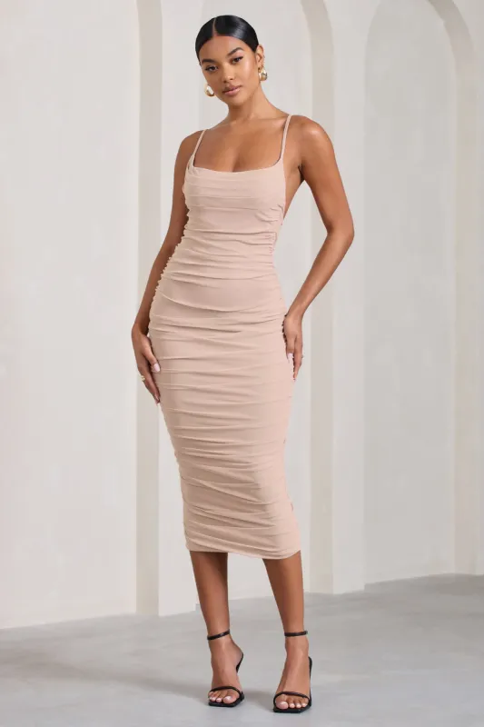 Bree | Nude Ruched Mesh Strappy Bodycon Midi Dress sold by Club L London